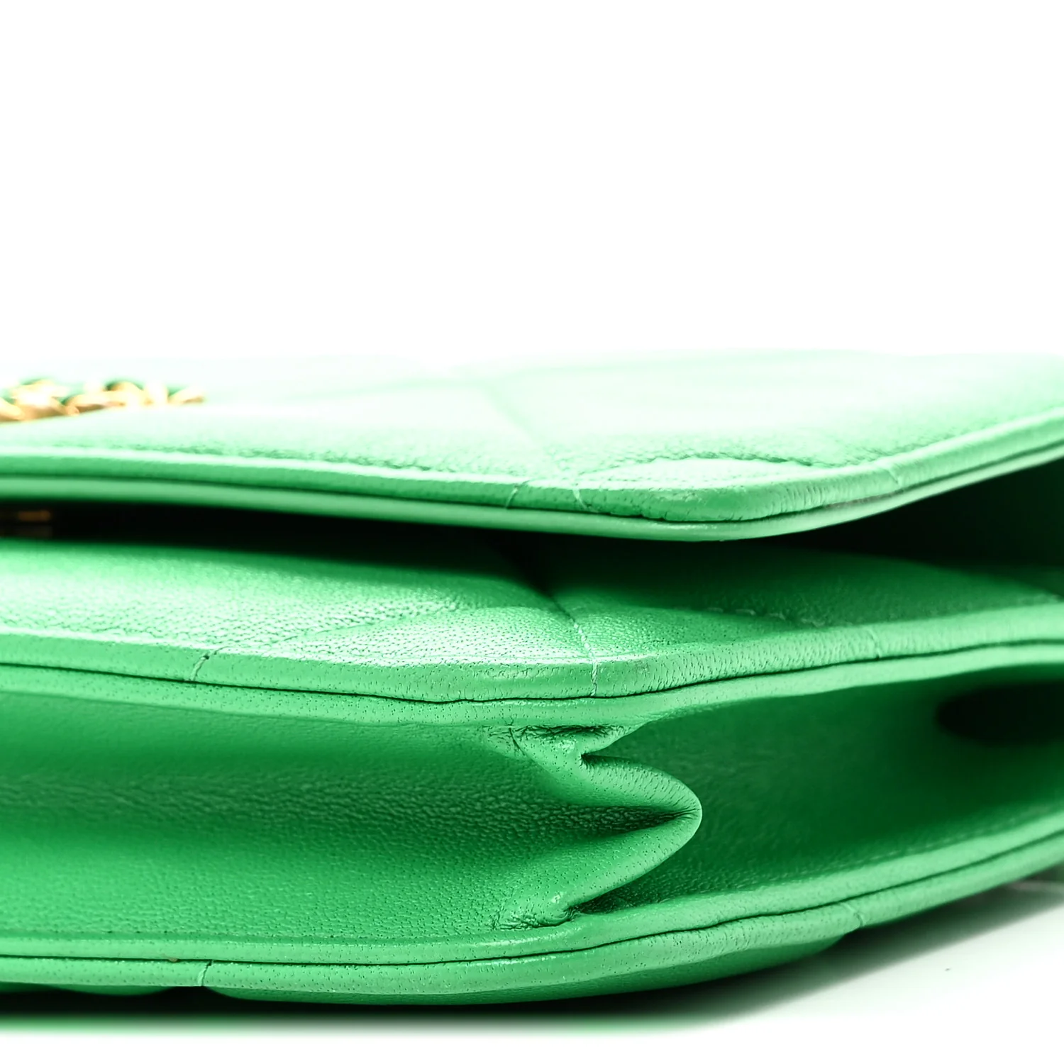 Shiny Goatskin Quilted Chanel 19 Wallet On Chain WOC Green - Image 11