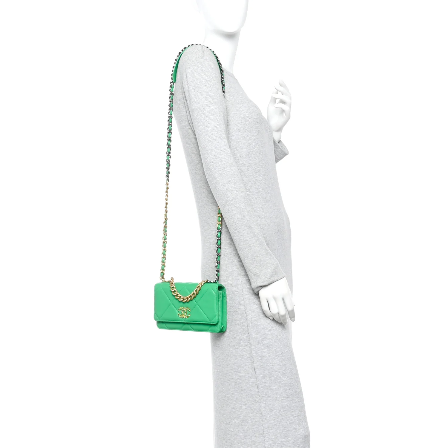 Shiny Goatskin Quilted Chanel 19 Wallet On Chain WOC Green - Image 2