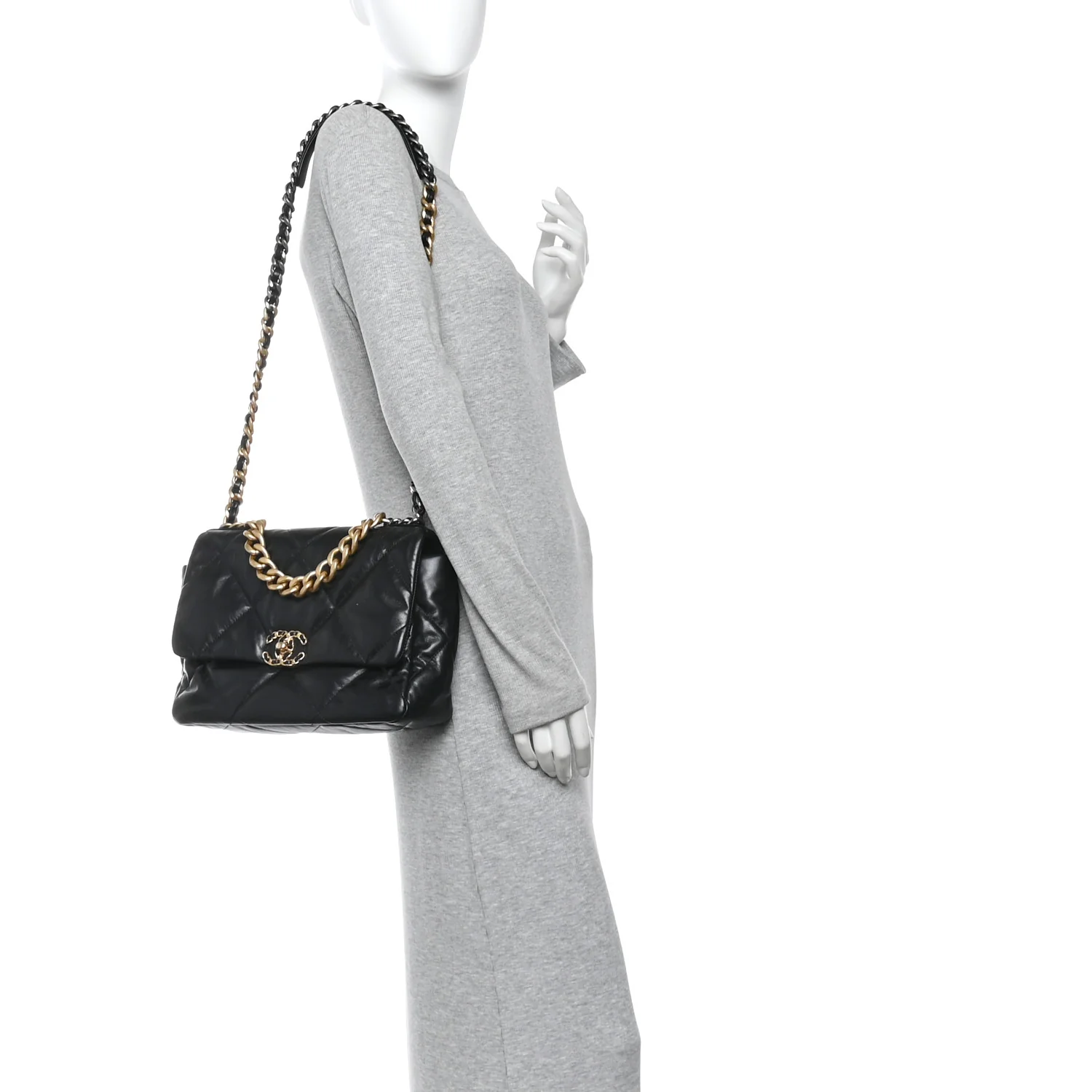 Shiny Goatskin Quilted Large Chanel 19 Flap Black - Image 2