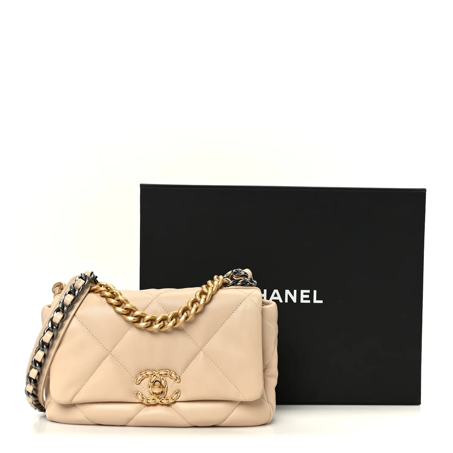 Shiny Goatskin Quilted Medium Chanel 19 Flap Beige - Image 11