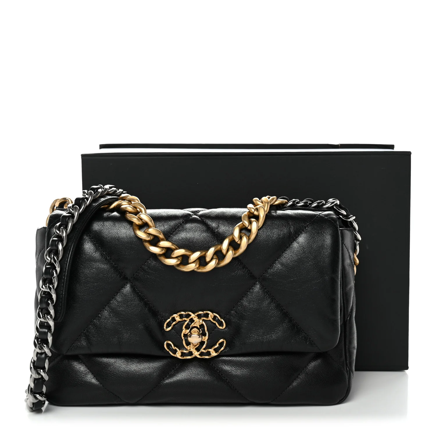 Shiny Goatskin Quilted Medium Chanel 19 Flap Black - Image 11