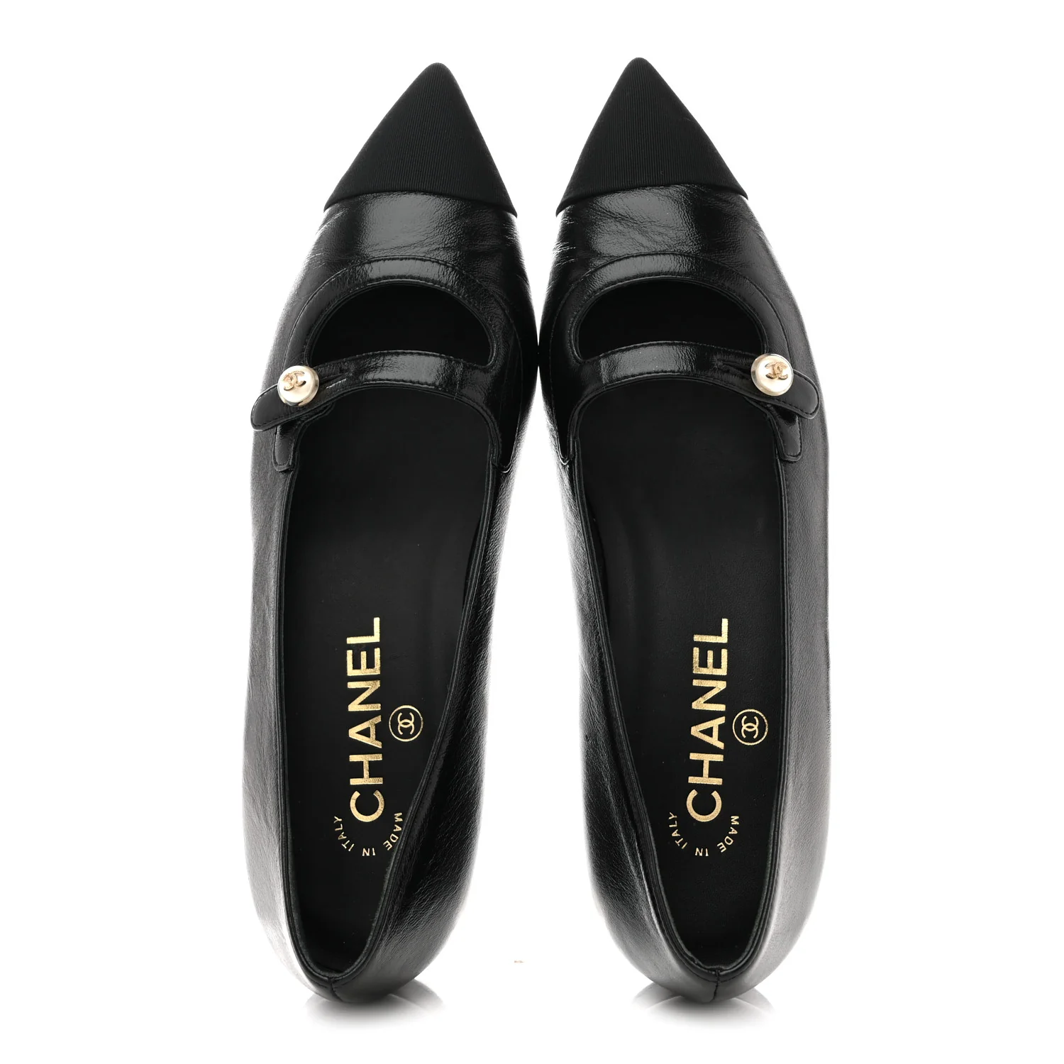 Shiny Lambskin Grosgrain Pearl Mary Jane Flats 37.5 Black - Image 2