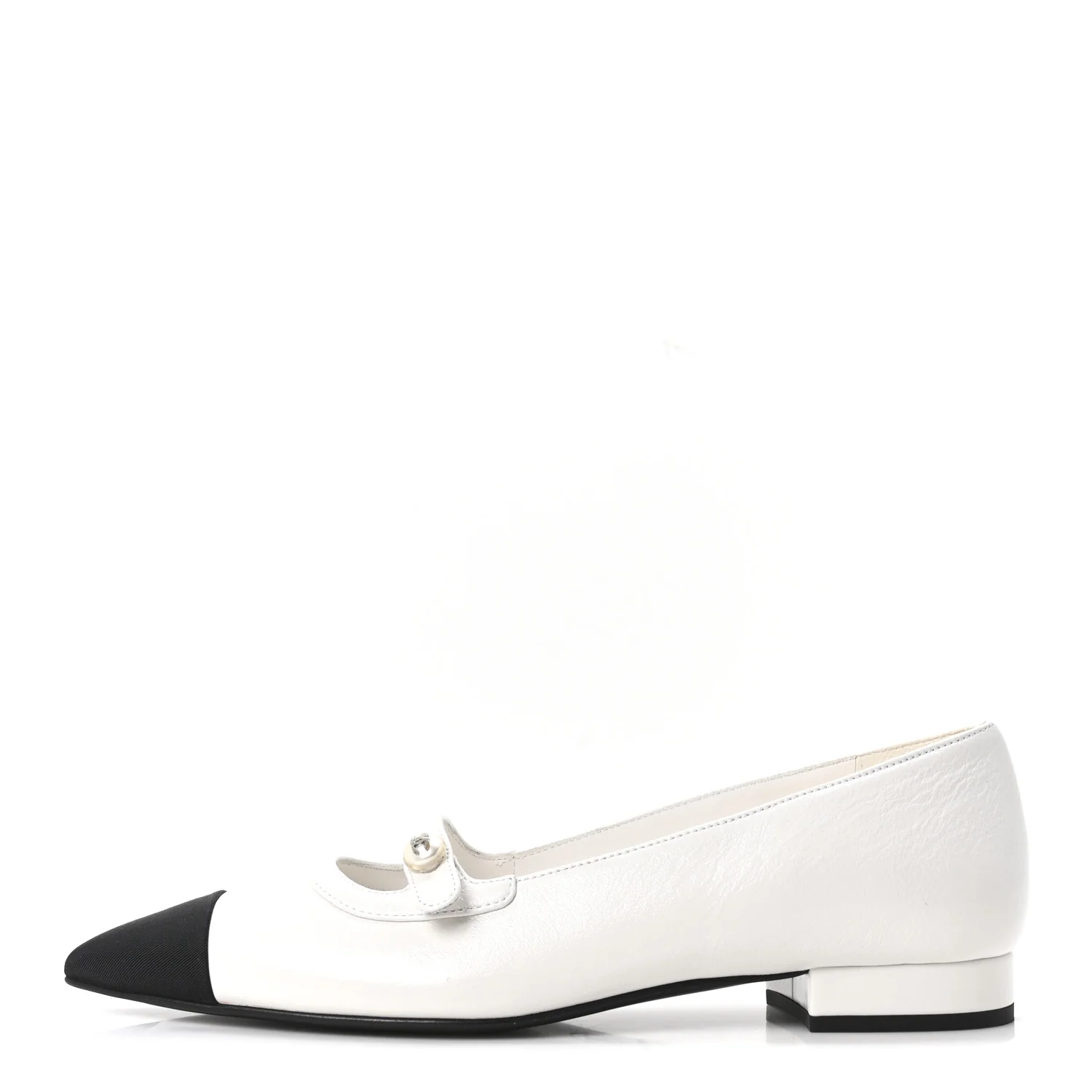 Shiny Lambskin Grosgrain Pearl Mary Janes Flats 37.5 White Black