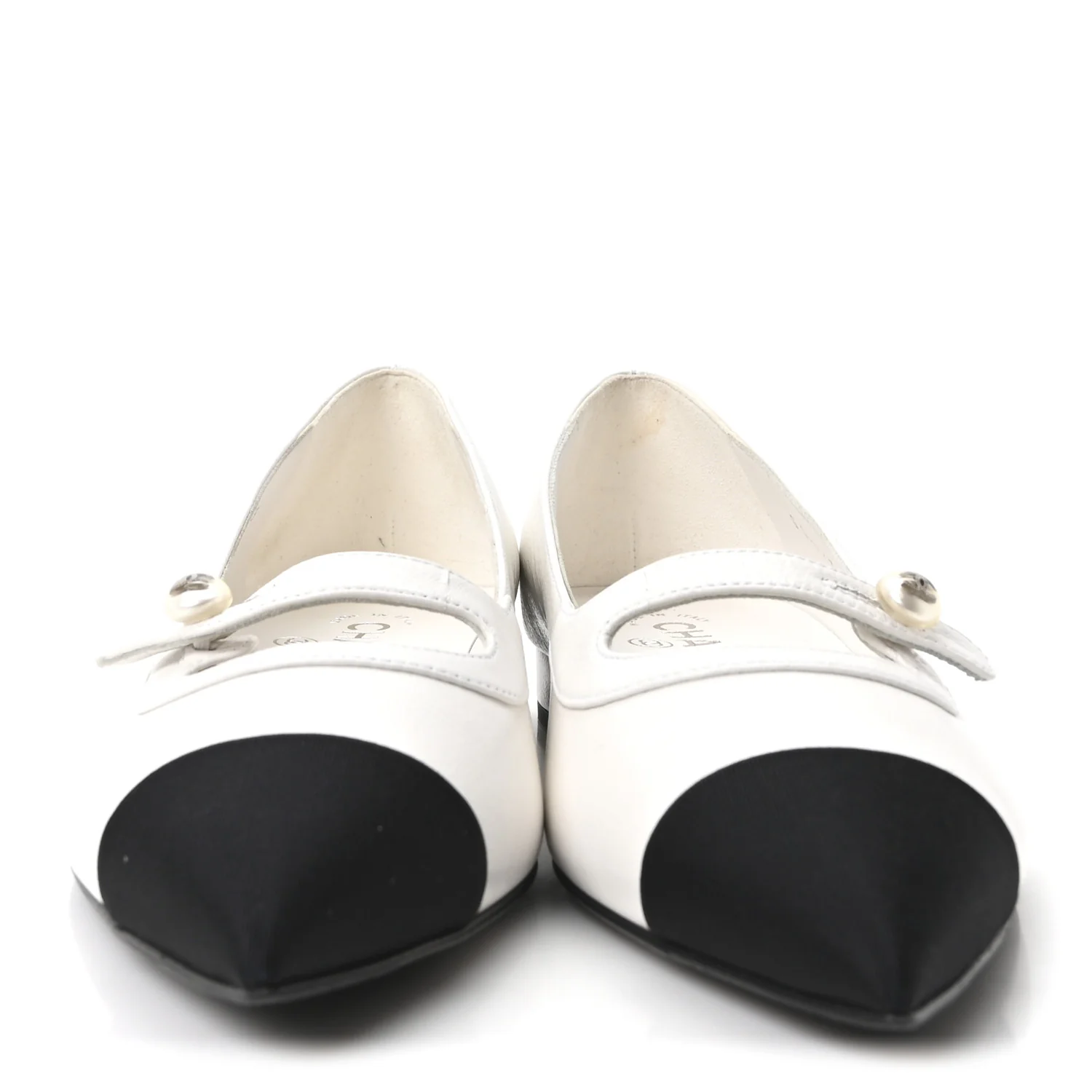 Shiny Lambskin Grosgrain Pearl Mary Janes Flats 37.5 White Black - Image 3