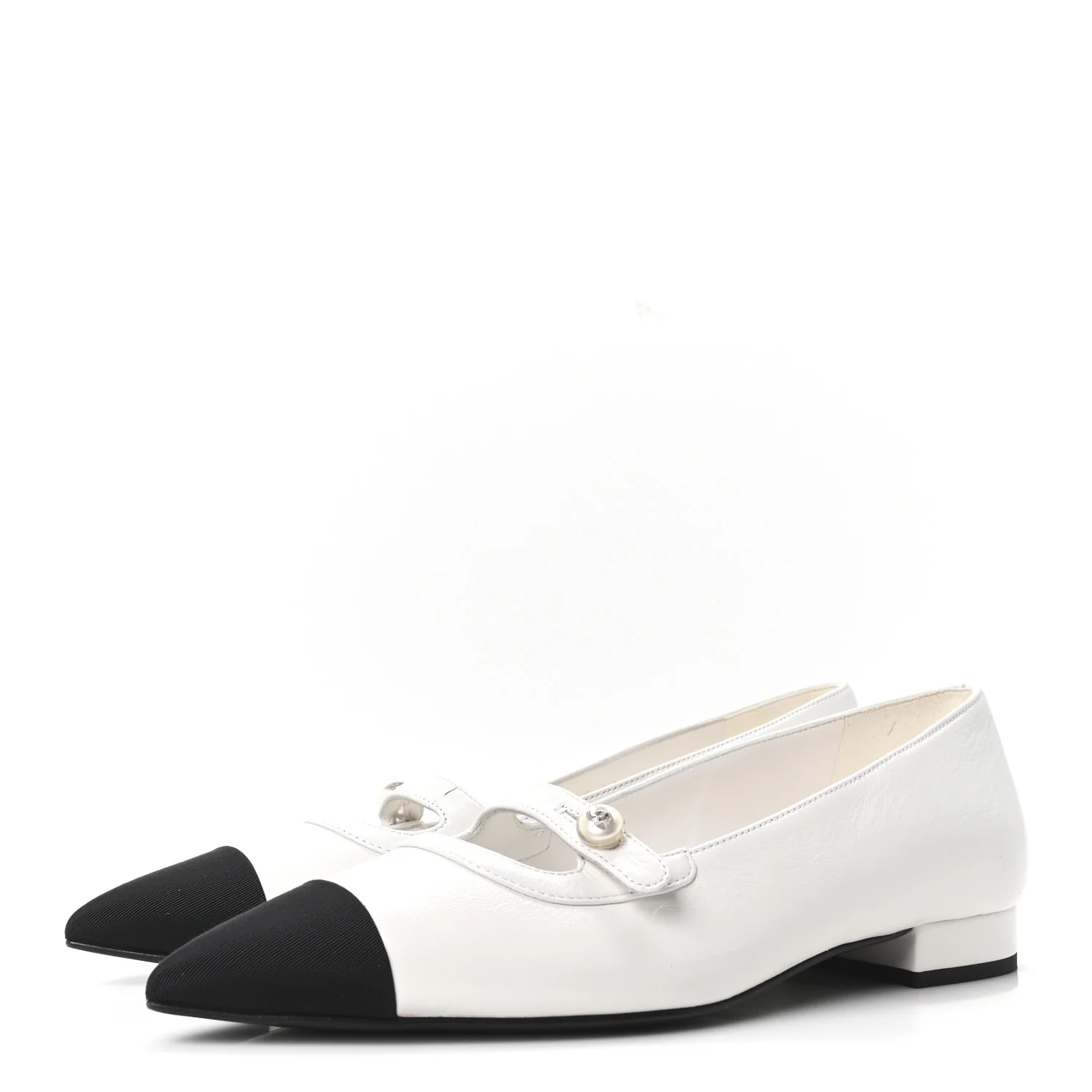 Shiny Lambskin Grosgrain Pearl Mary Janes Flats 37.5 White Black - Image 4
