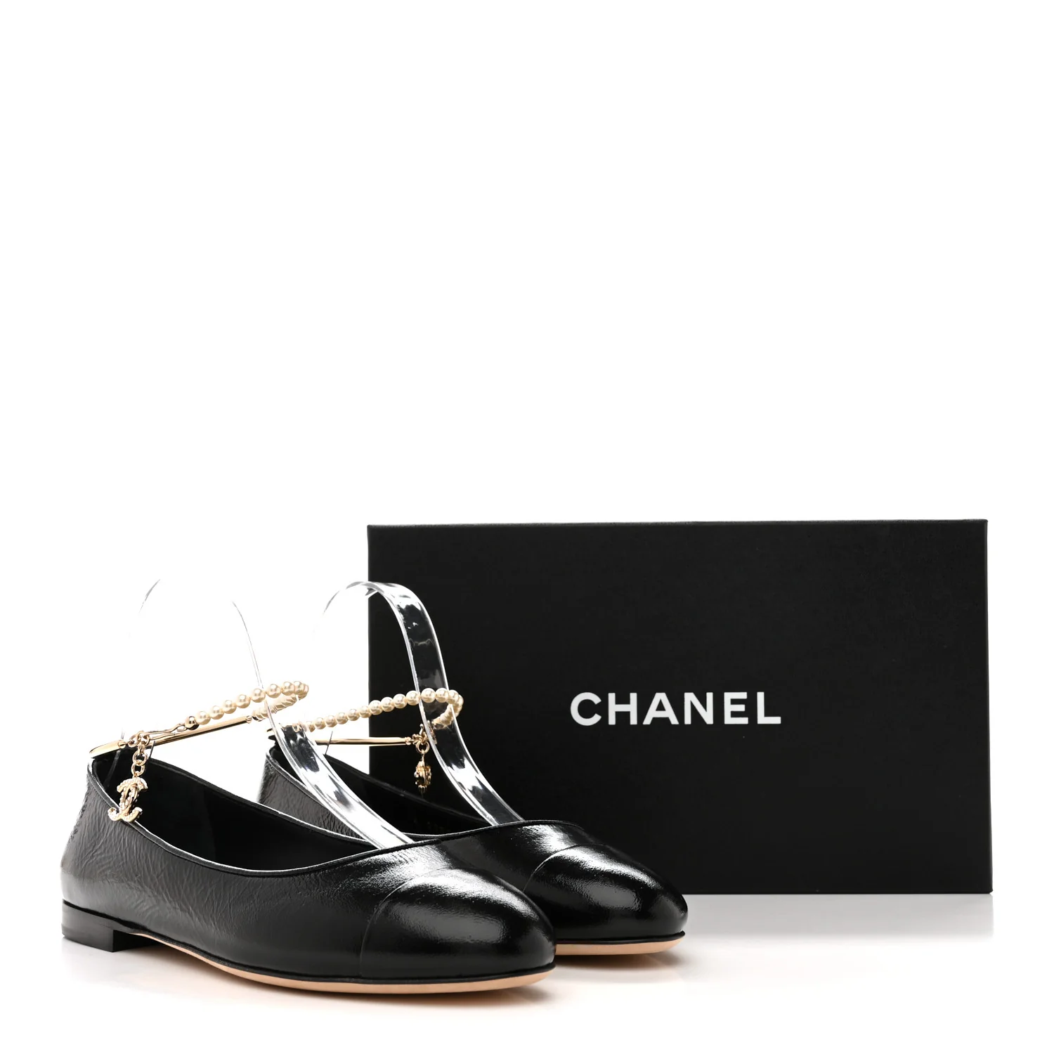 Shiny Lambskin Pearl Cap Toe Ankle Chain Ballerina Flats 39 Black - Image 10