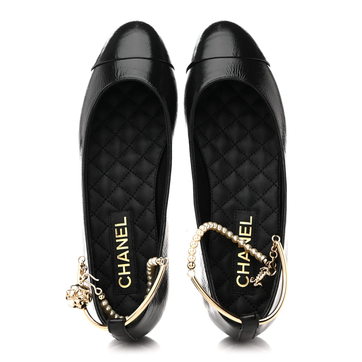 Shiny Lambskin Pearl Cap Toe Ankle Chain Ballerina Flats 39 Black - Image 2