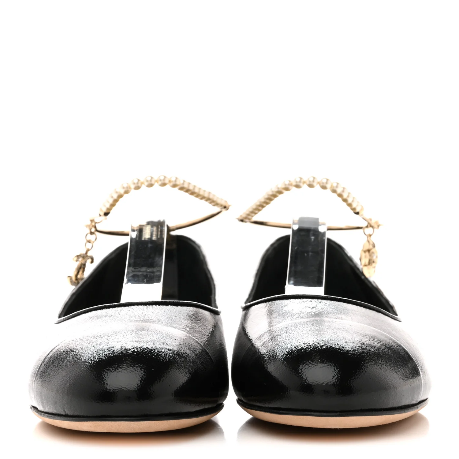 Shiny Lambskin Pearl Cap Toe Ankle Chain Ballerina Flats 39 Black - Image 3