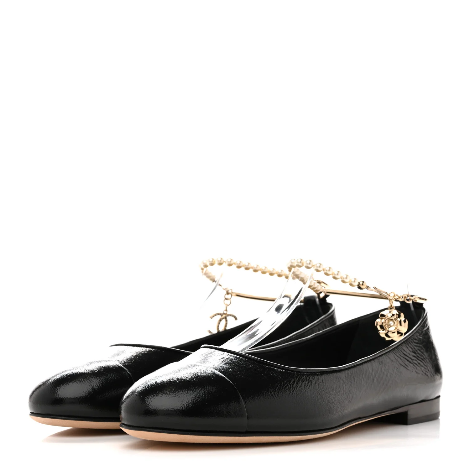 Shiny Lambskin Pearl Cap Toe Ankle Chain Ballerina Flats 39 Black - Image 4