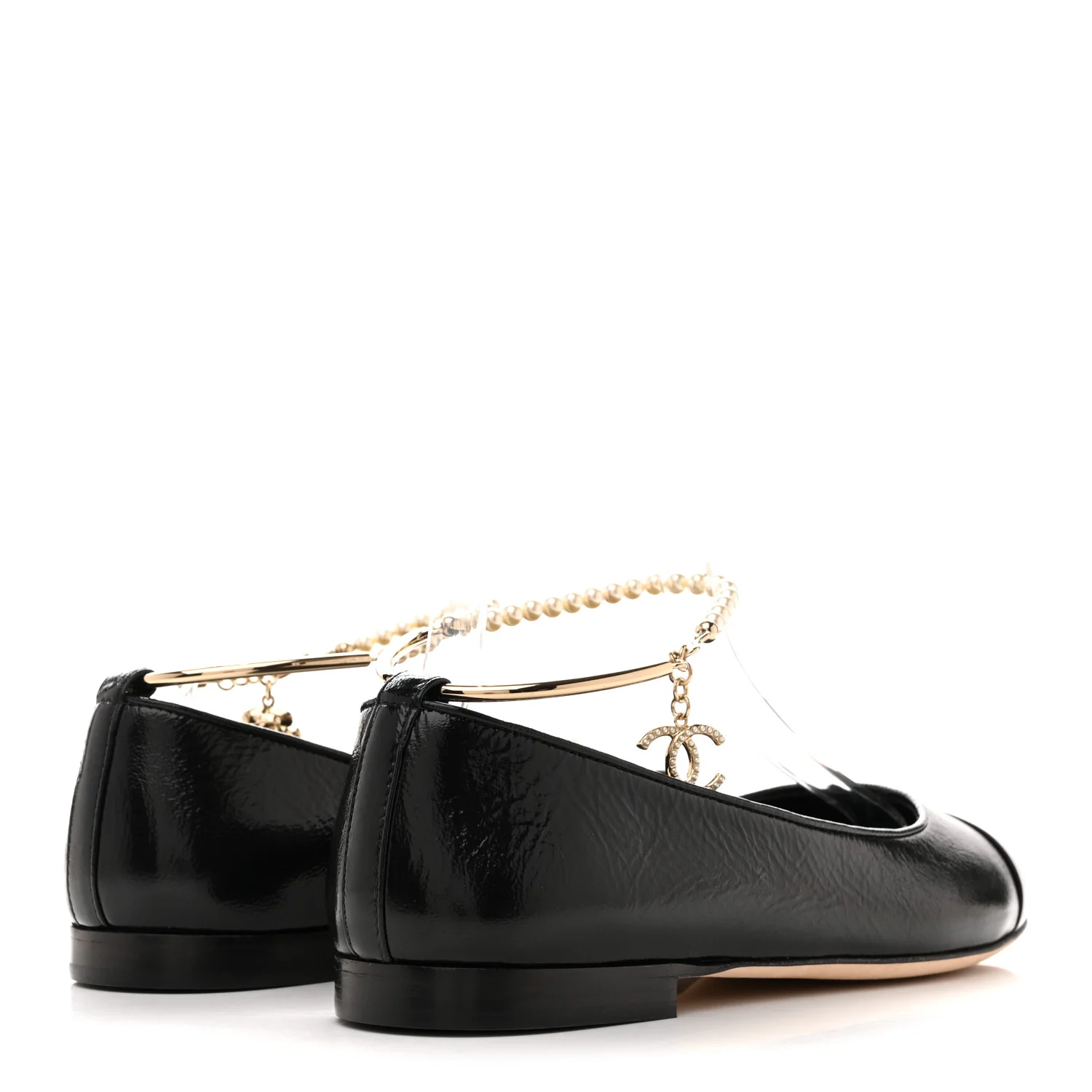 Shiny Lambskin Pearl Cap Toe Ankle Chain Ballerina Flats 39 Black - Image 5
