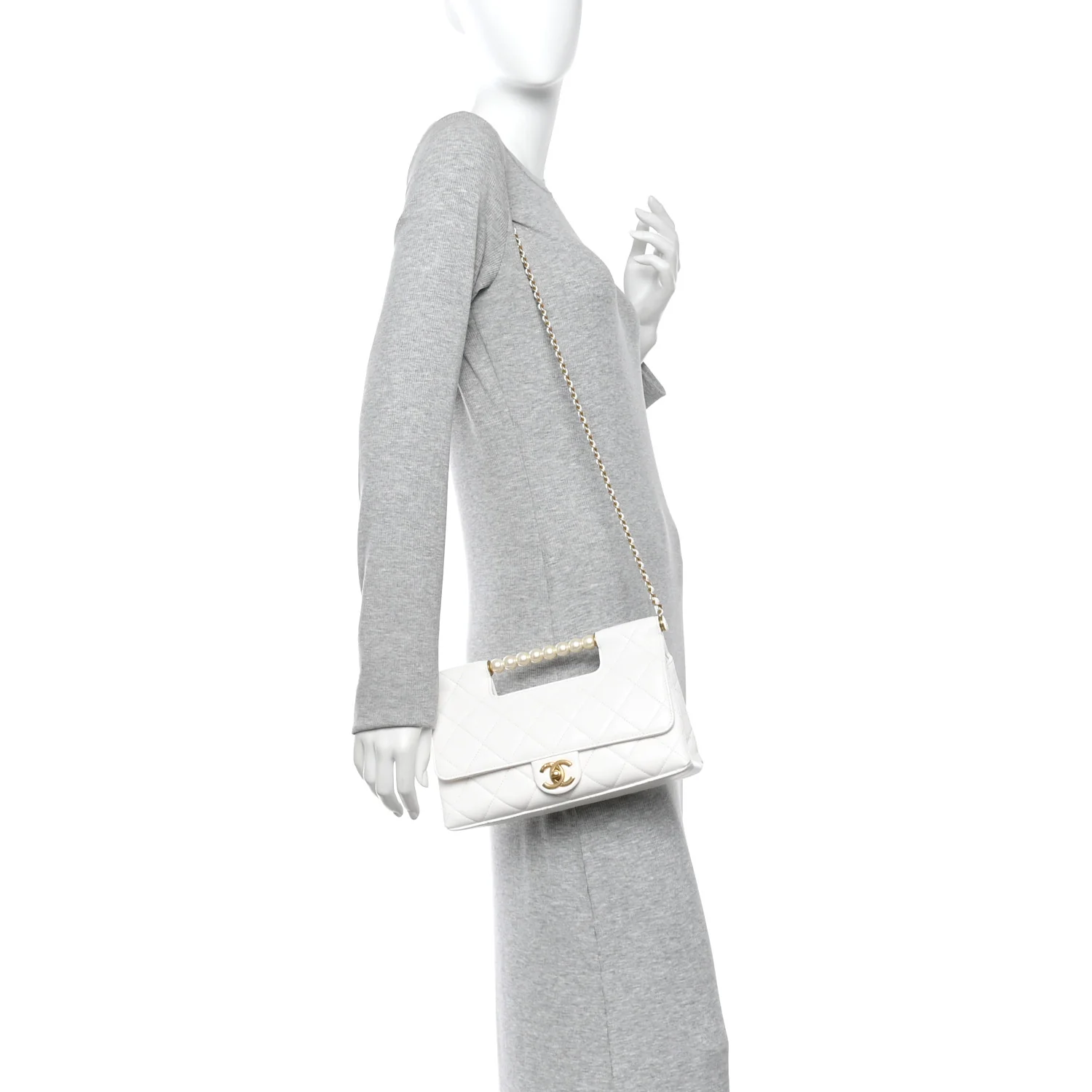 Shiny Lambskin Pearl Top Handle Flap Shopping Bag White - Image 2