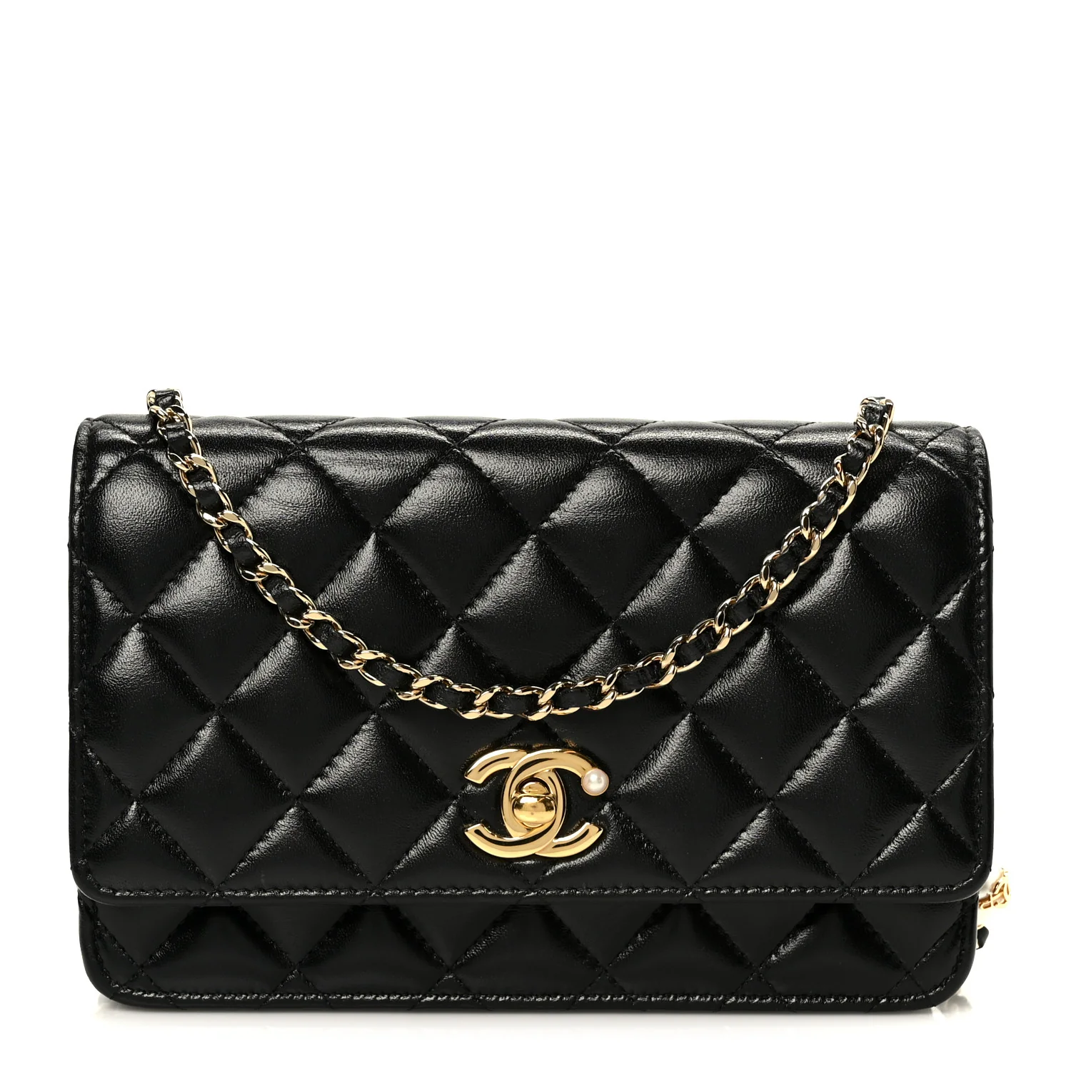 Shiny Lambskin Quilted CC Pearl Wallet on Chain WOC Black