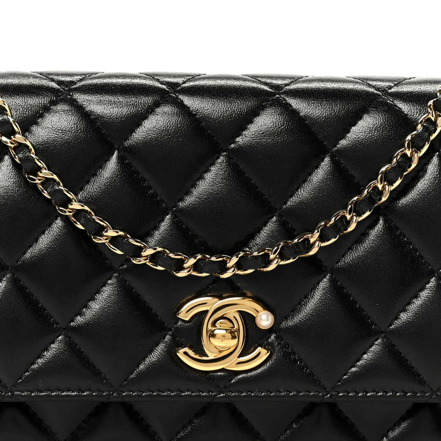 Shiny Lambskin Quilted CC Pearl Wallet on Chain WOC Black - Image 10