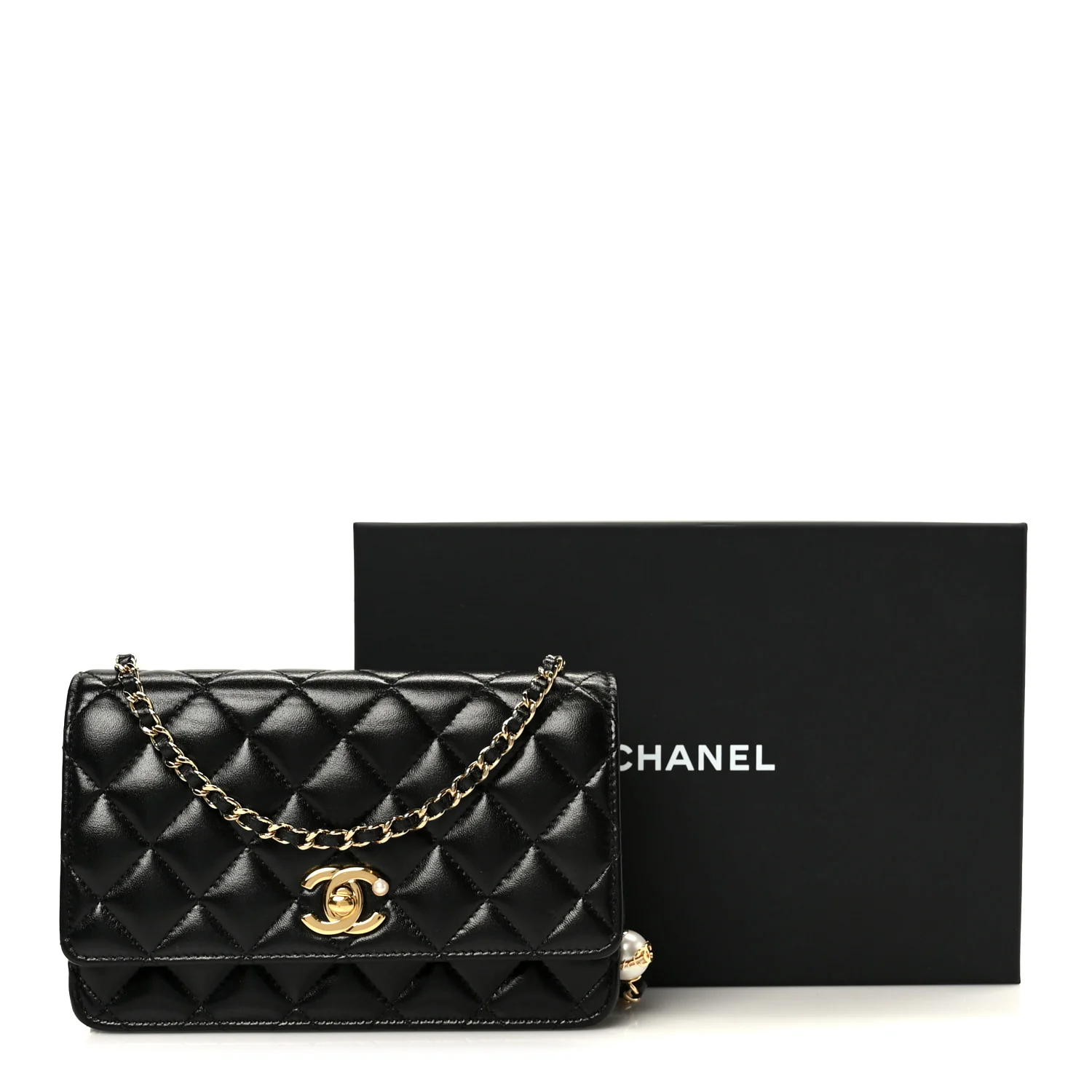 Shiny Lambskin Quilted CC Pearl Wallet on Chain WOC Black - Image 13