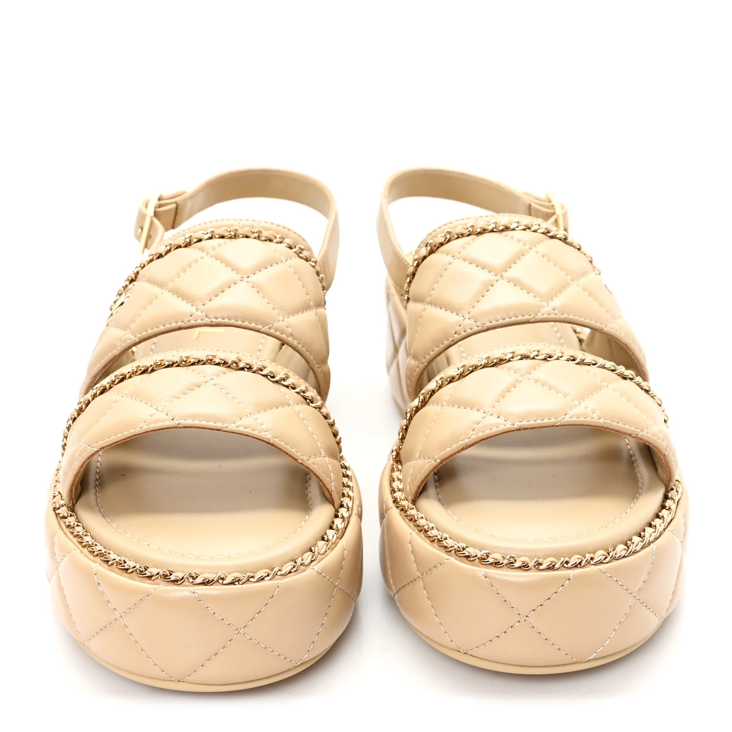 Shiny Lambskin Quilted Chain Around CC Platform Sandals 39.5 Beige - Image 3
