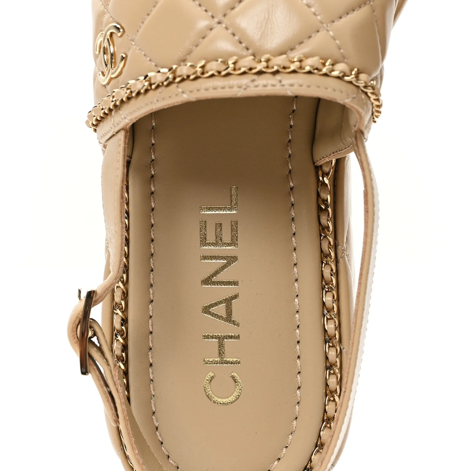 Shiny Lambskin Quilted Chain Around CC Platform Sandals 39.5 Beige - Image 8