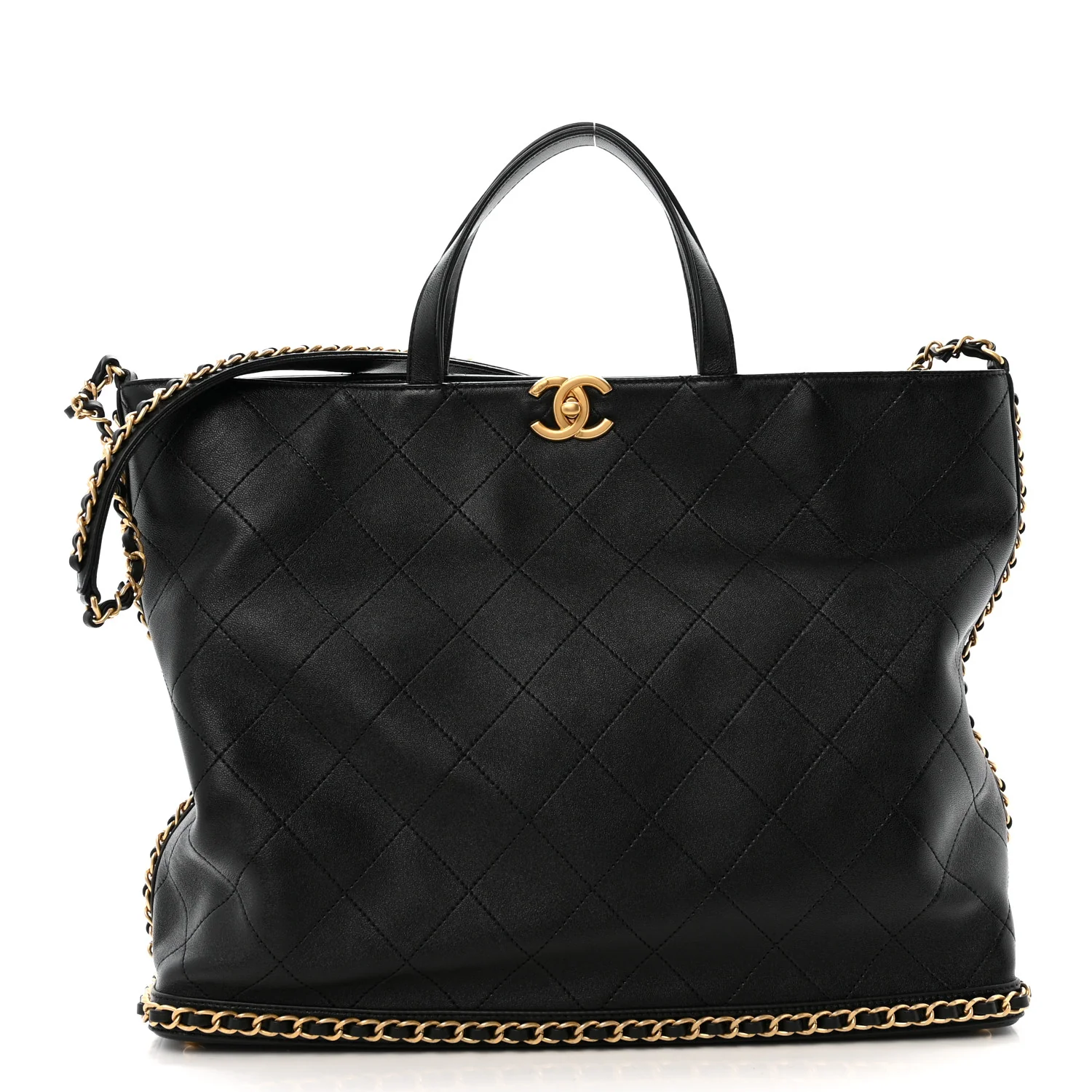 Shiny Lambskin Quilted Chain Around Shopping Tote Black