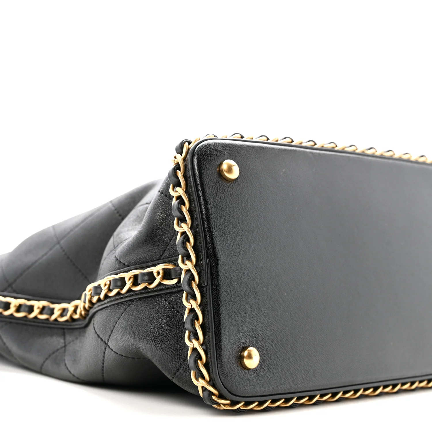 Shiny Lambskin Quilted Chain Around Shopping Tote Black - Image 9