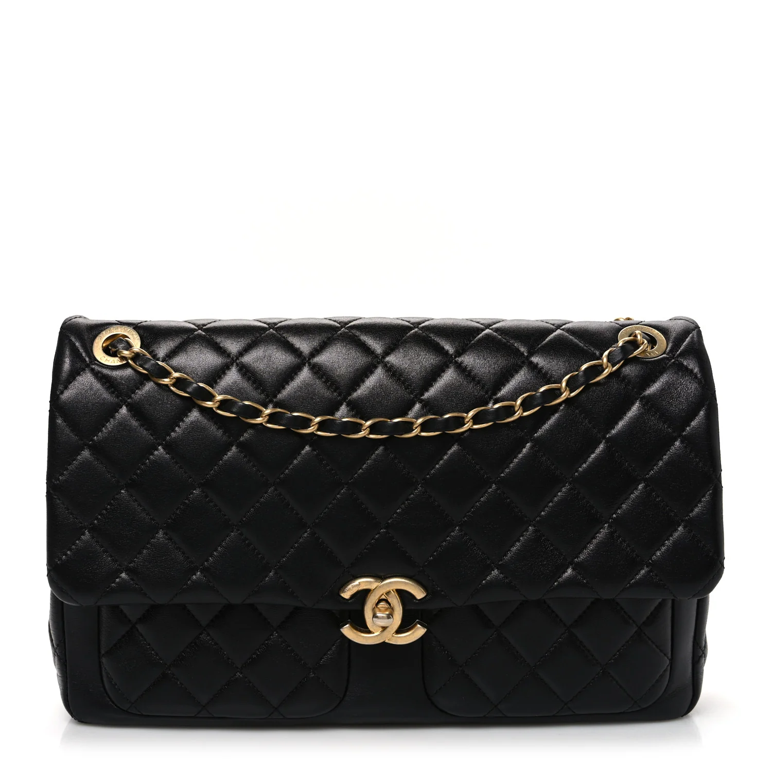 Shiny Lambskin Quilted Daily Friend Flap Black