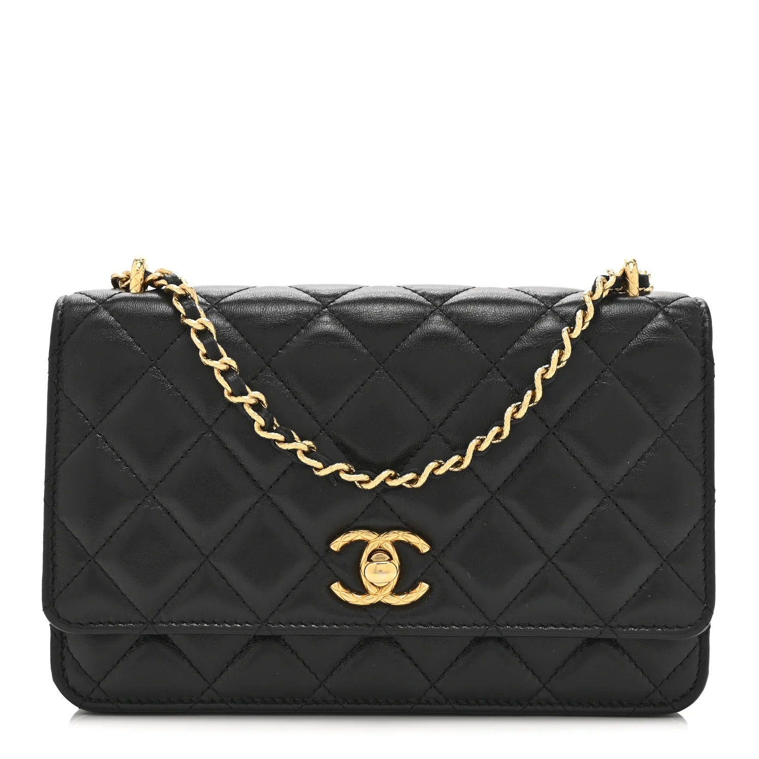 Shiny Lambskin Quilted Dynasty Wallet On Chain WOC Black