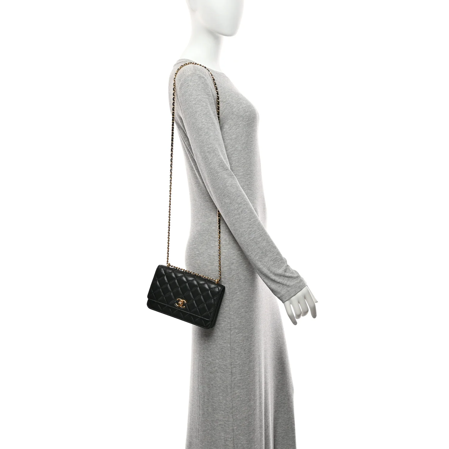 Shiny Lambskin Quilted Dynasty Wallet On Chain WOC Black - Image 2