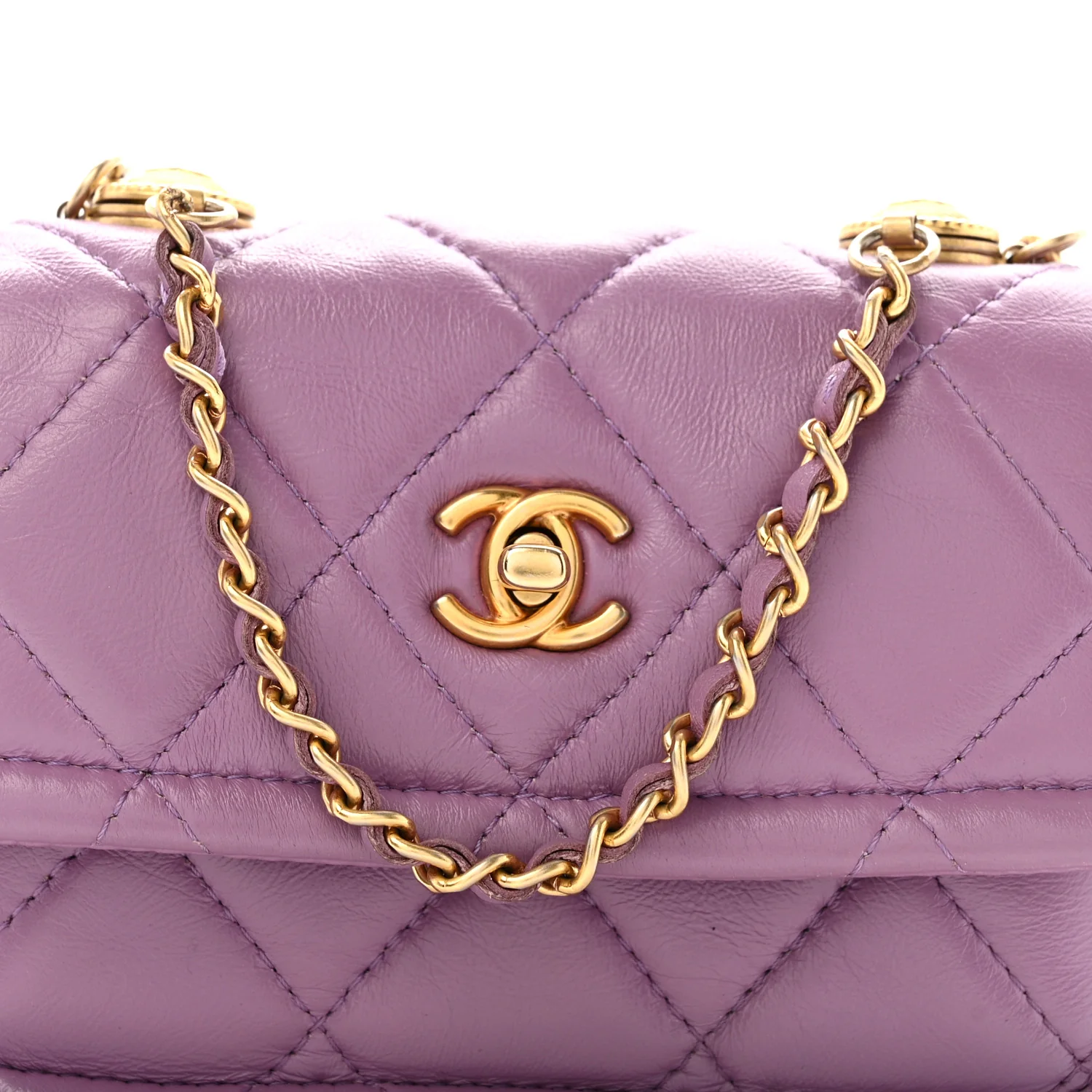 Shiny Lambskin Quilted Extra Mini Flap Purple - Image 8