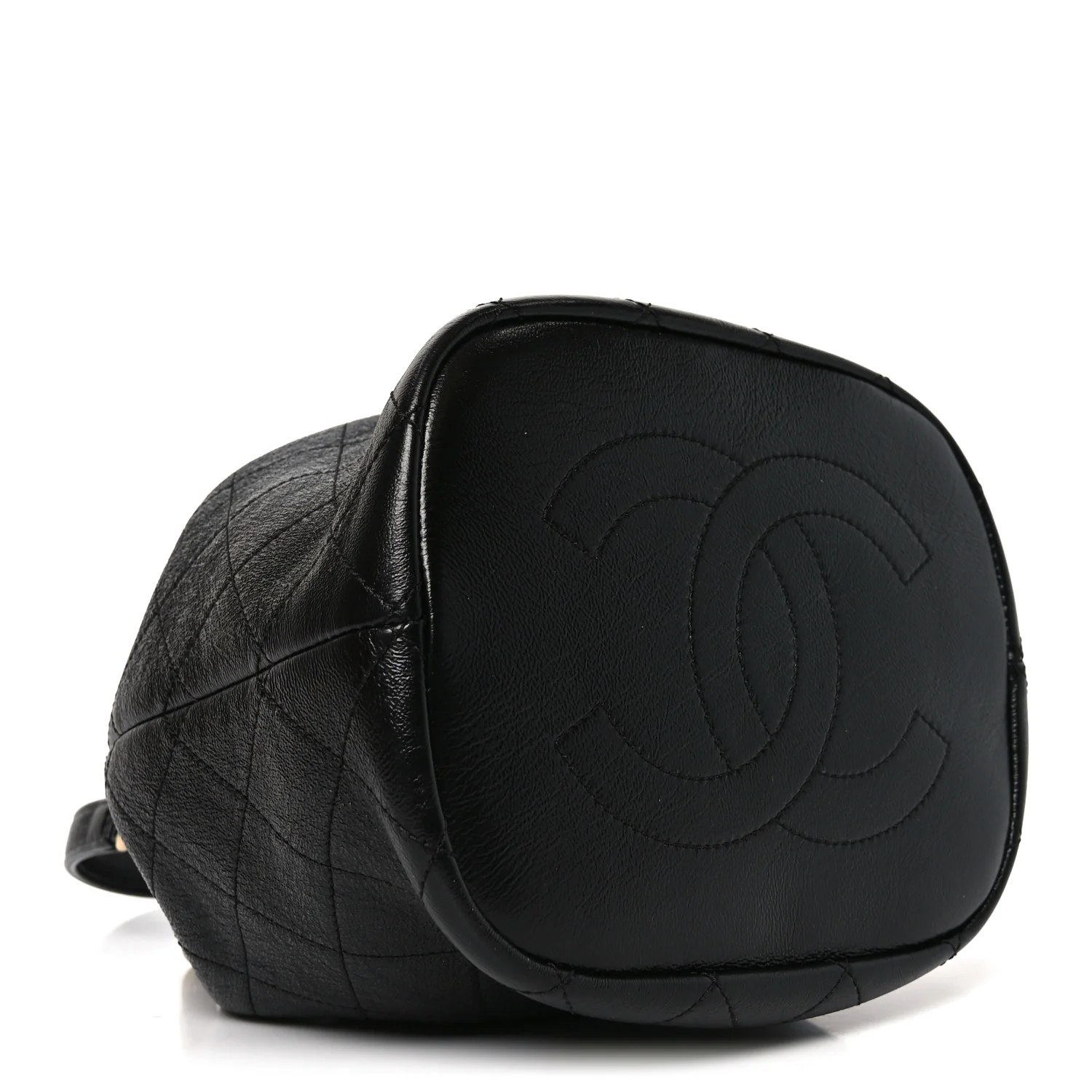 Shiny Lambskin Quilted Fashion Therapy Bucket Drawstring Bag Black - Image 4