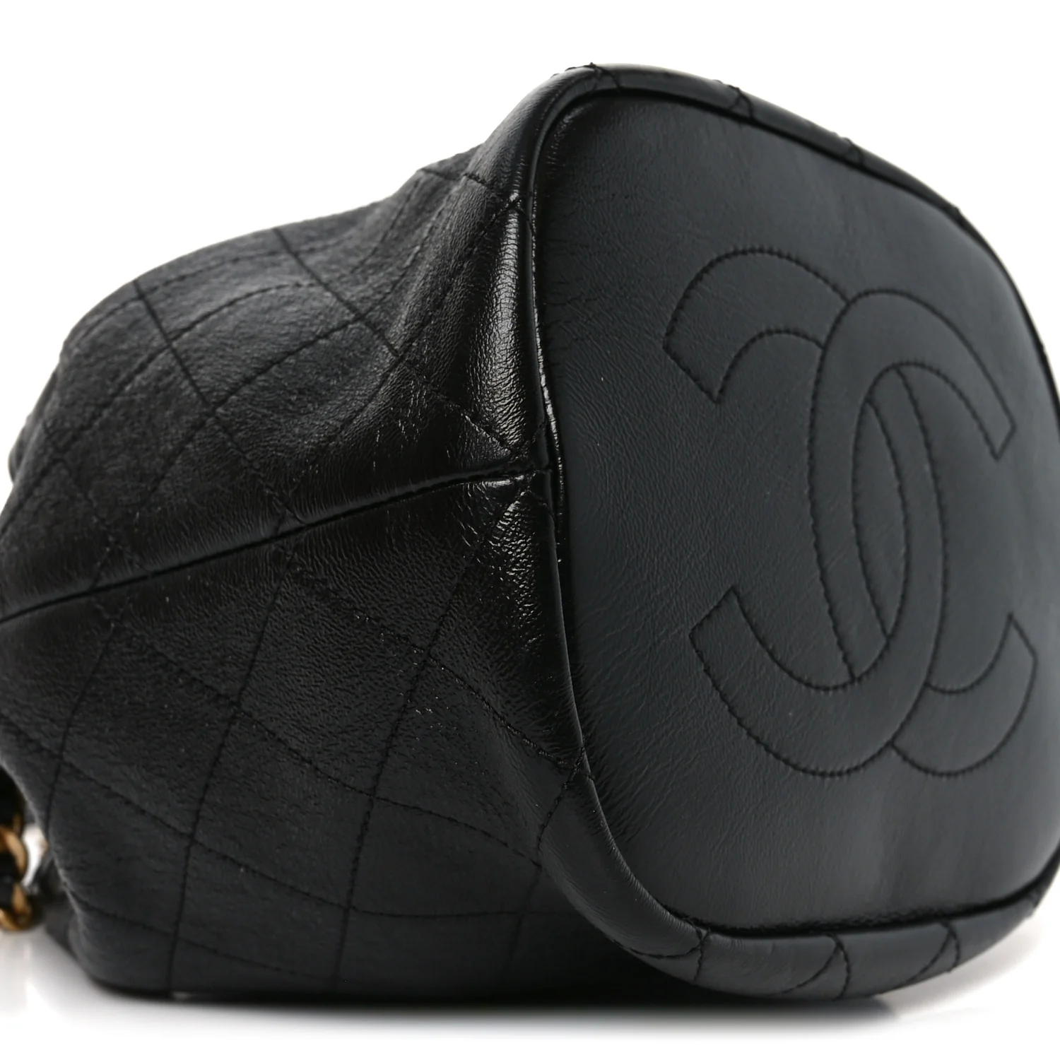 Shiny Lambskin Quilted Fashion Therapy Bucket Drawstring Bag Black - Image 9