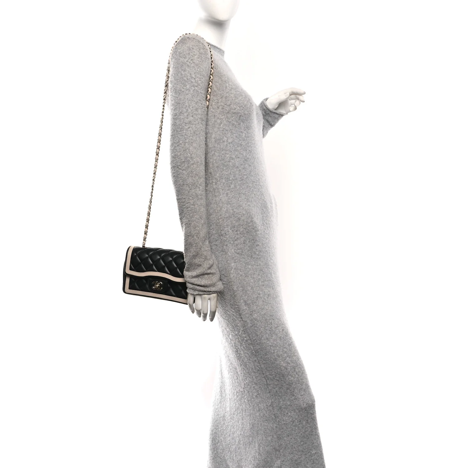 Shiny Lambskin Quilted Half Mini Flap Black Beige - Image 2