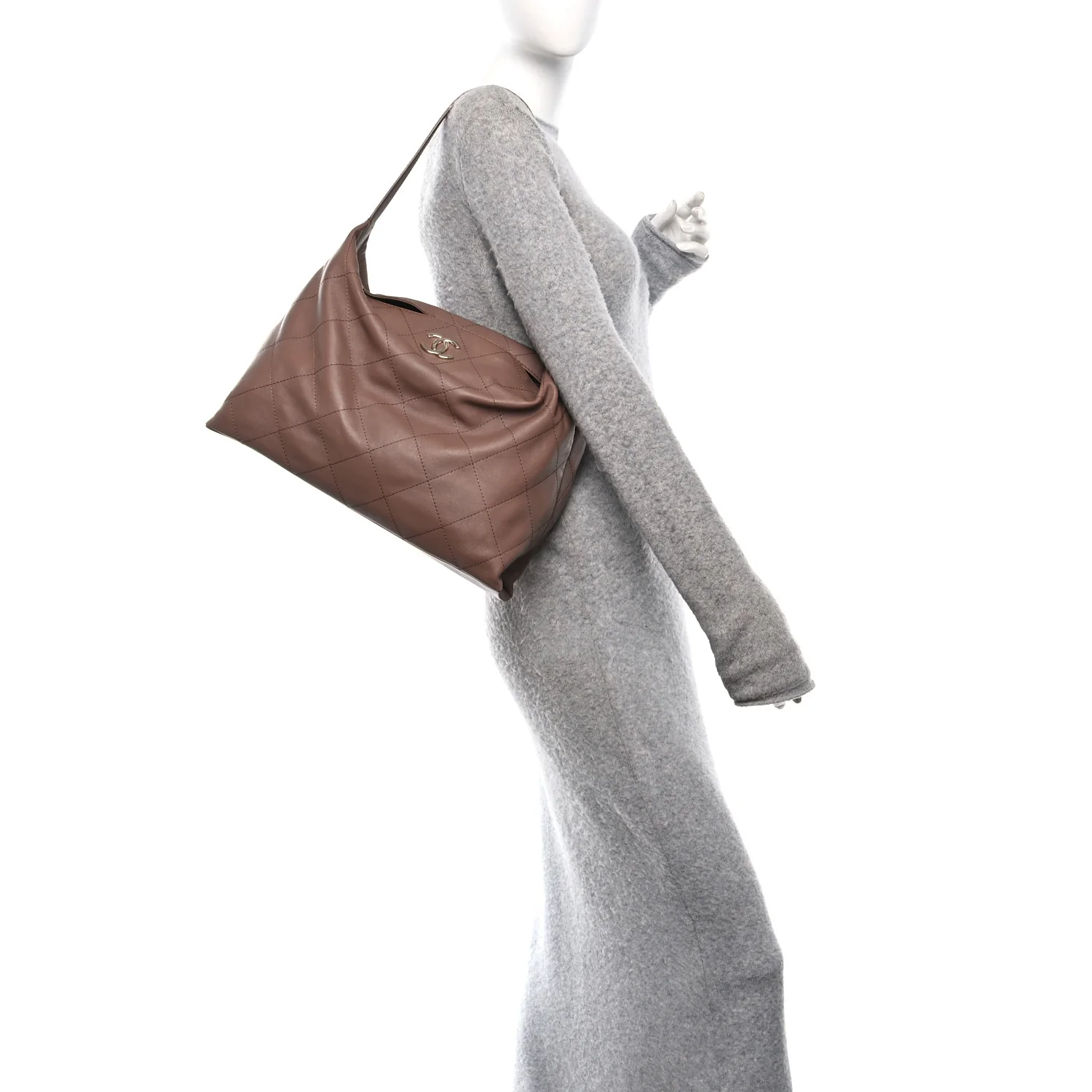 Shiny Lambskin Quilted Maxi Hobo Brown - Image 2