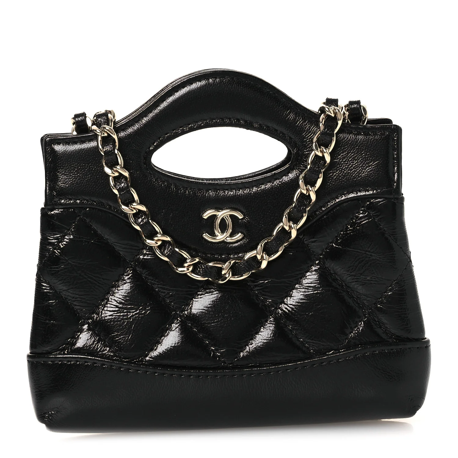 Shiny Lambskin Quilted Micro 31 Clutch With Chain Black