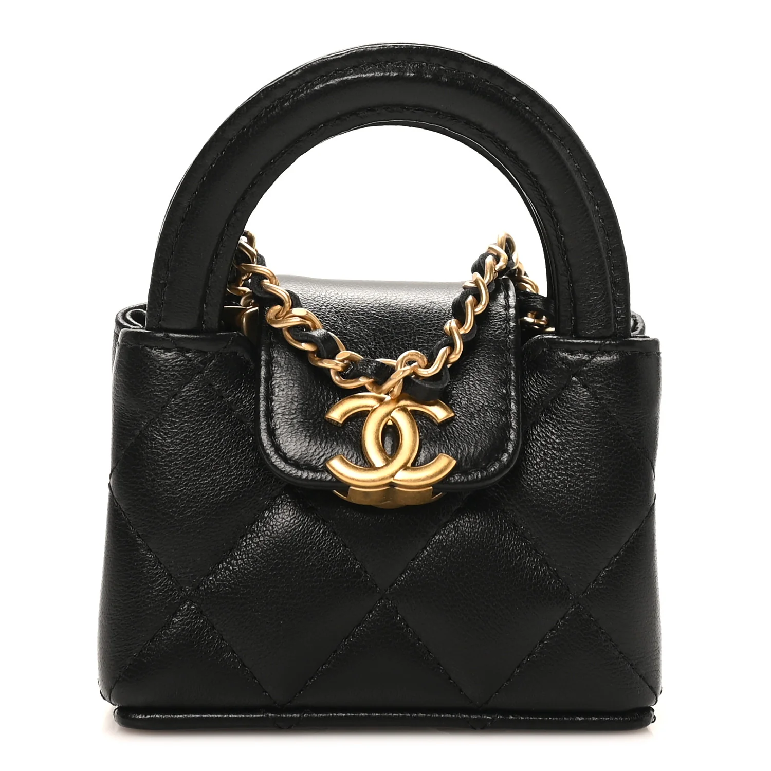 Shiny Lambskin Quilted Mini Kelly Bag Charm Black