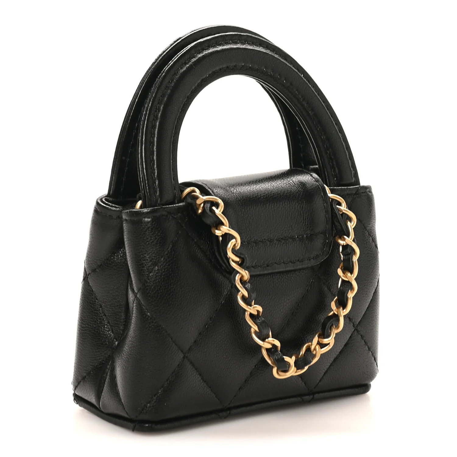 Shiny Lambskin Quilted Mini Kelly Bag Charm Black - Image 3