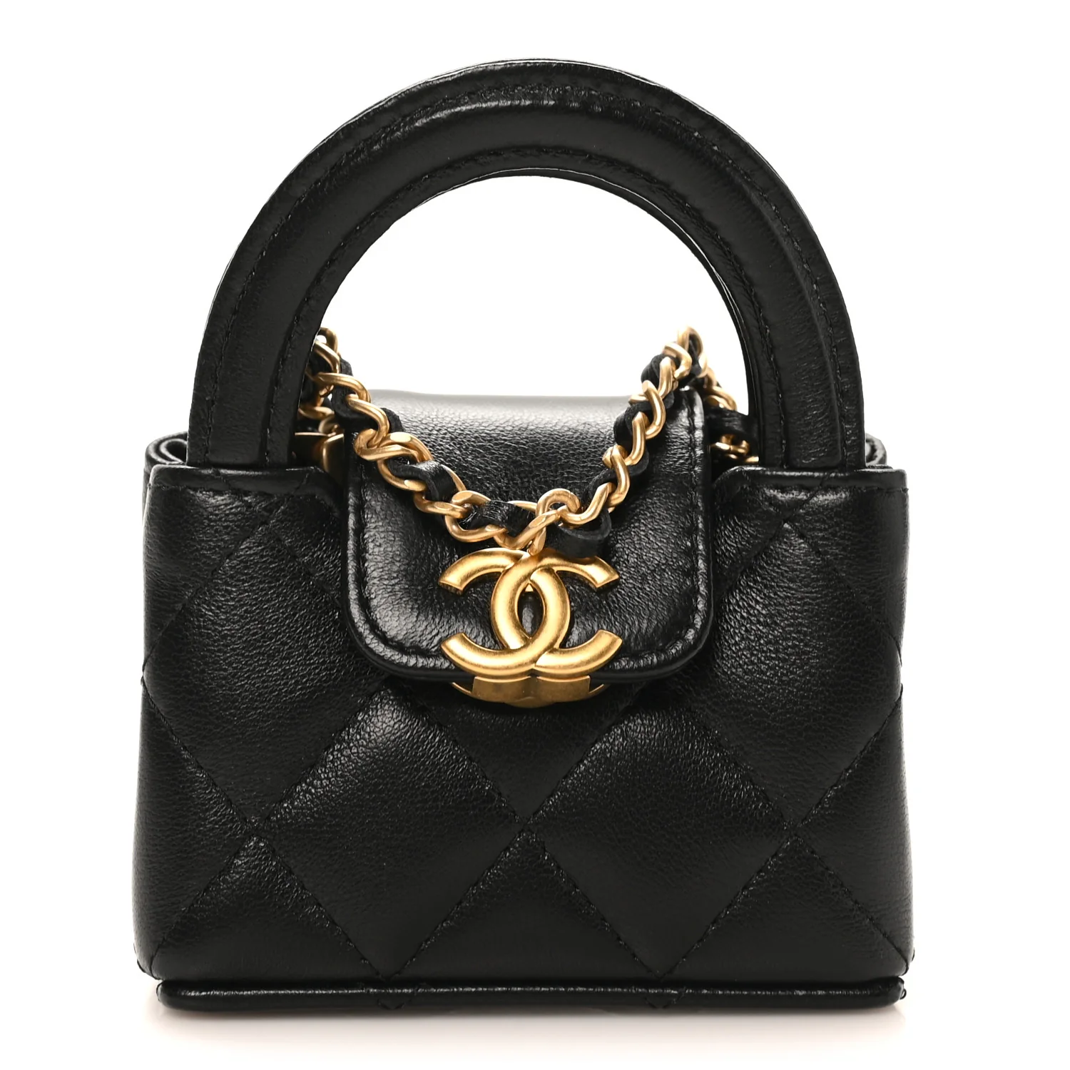Shiny Lambskin Quilted Mini Kelly Bag Charm Black - Image 8