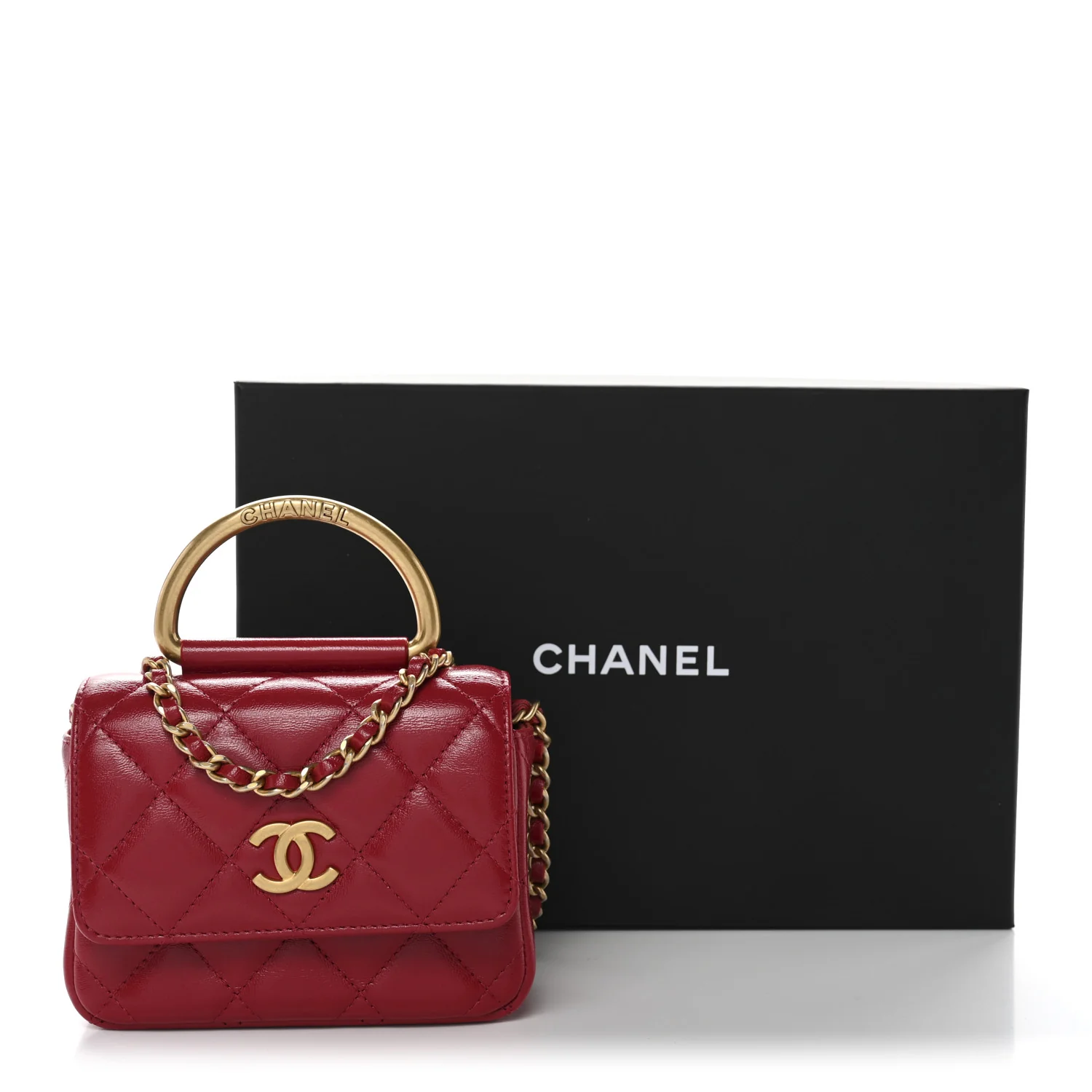 Shiny Lambskin Quilted Mini Metal Top Handle Clutch With Chain  Red - Image 12