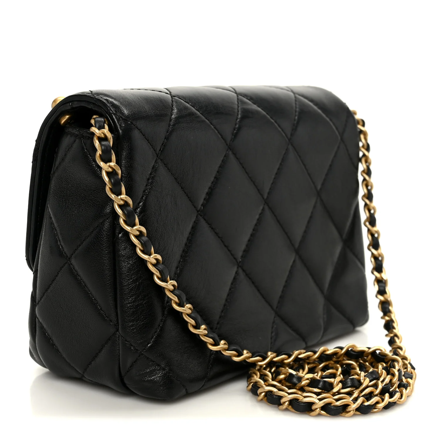 Shiny Lambskin Quilted Mini Pearl Logo Flap Black - Image 3