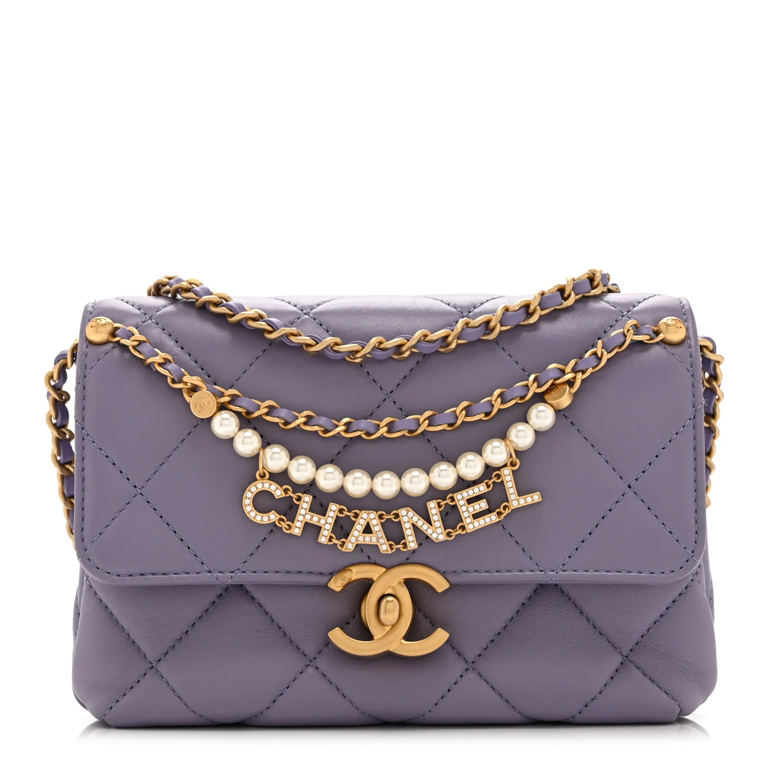 Shiny Lambskin Quilted Mini Pearl Logo Flap Light Purple