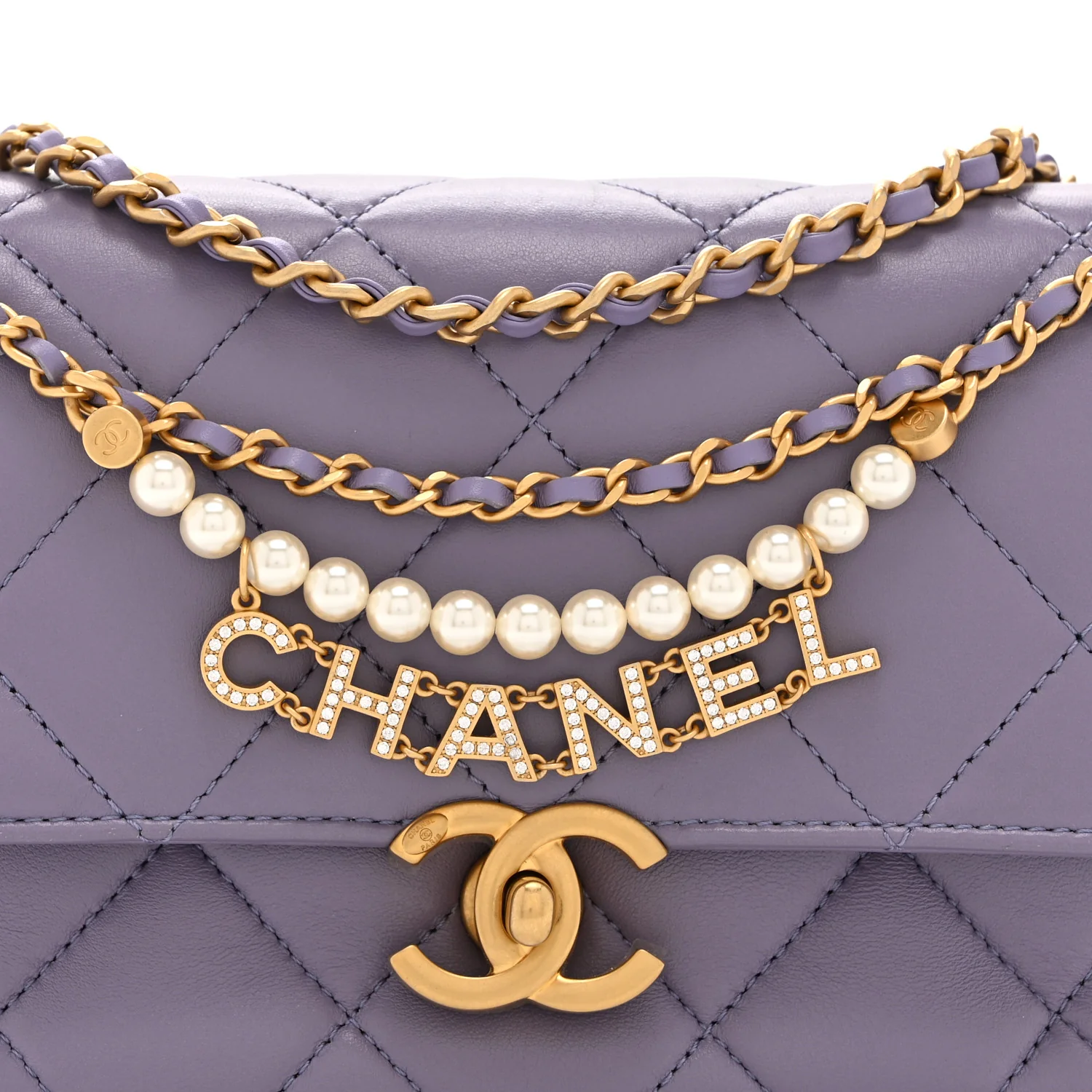 Shiny Lambskin Quilted Mini Pearl Logo Flap Light Purple - Image 8