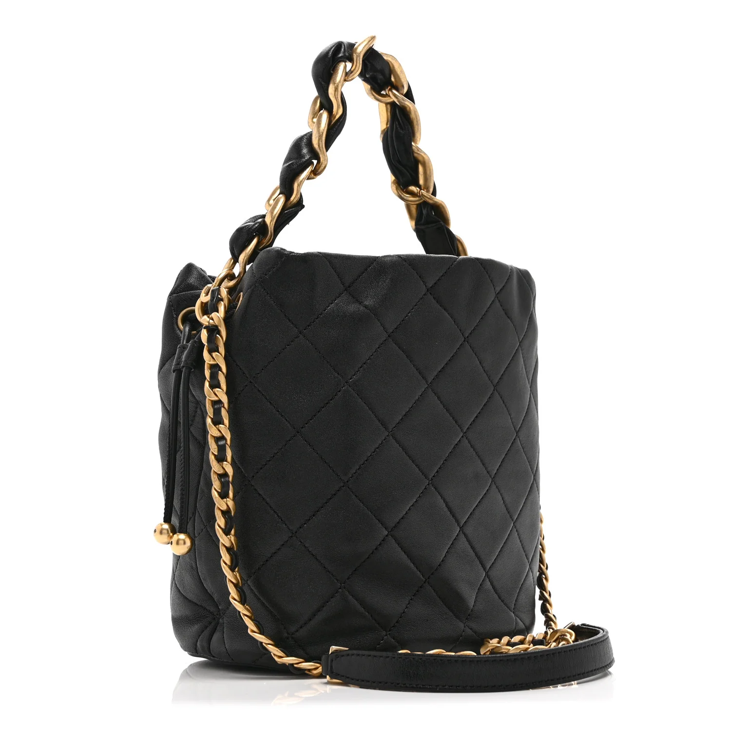 Shiny Lambskin Quilted Small Chain Is More Drawstring Bag Black - Image 3