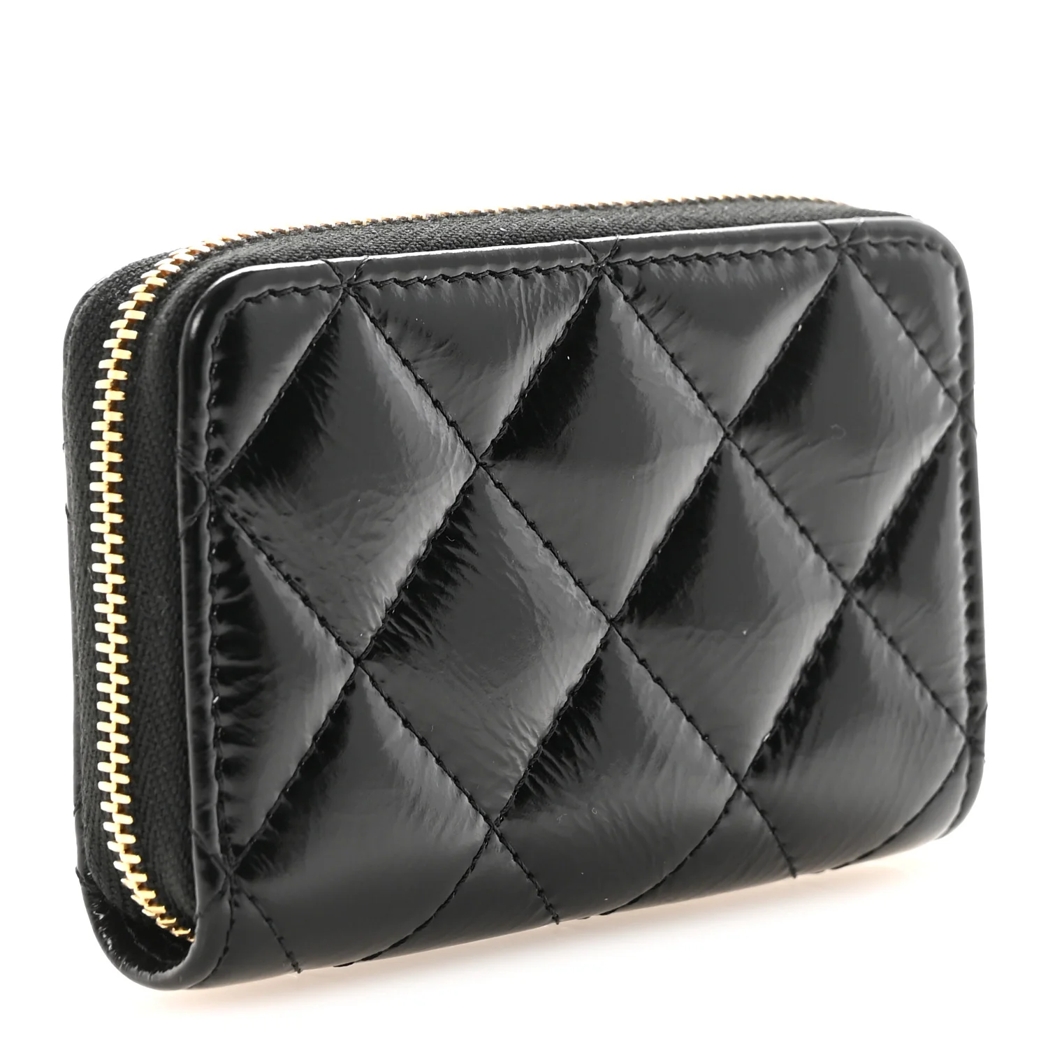 Shiny Lambskin Quilted Textured CC Zip Coin Purse Black - Image 3