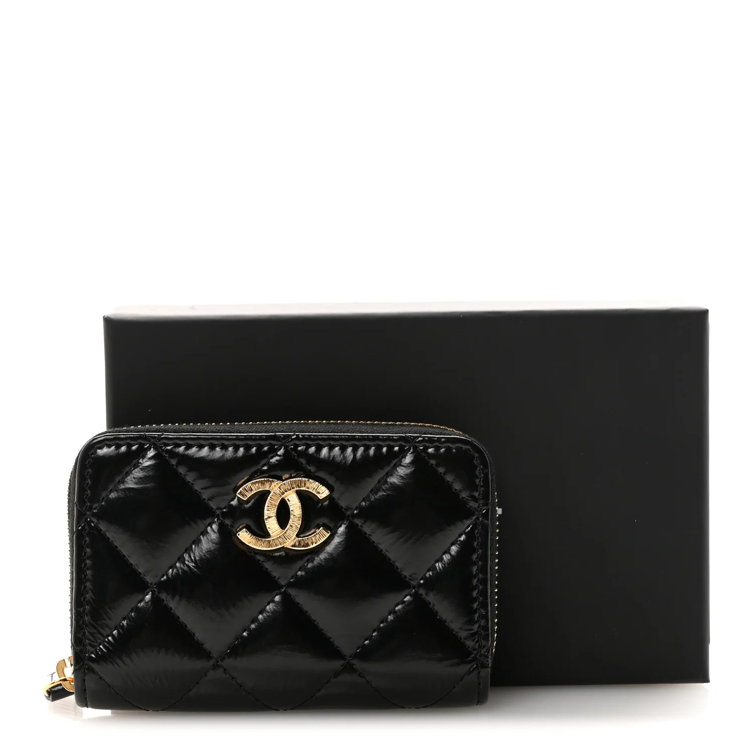 Shiny Lambskin Quilted Textured CC Zip Coin Purse Black - Image 8