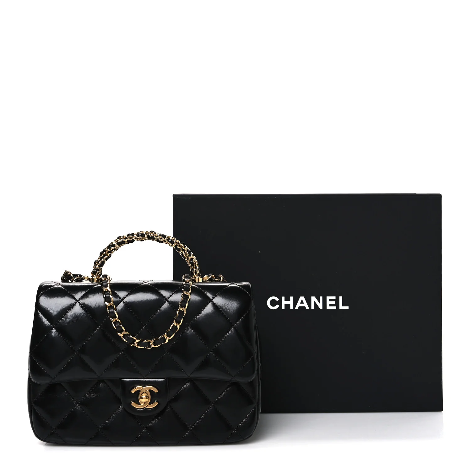 Shiny Lambskin Quilted Twisted Links Top Handle Flap Black - Image 11