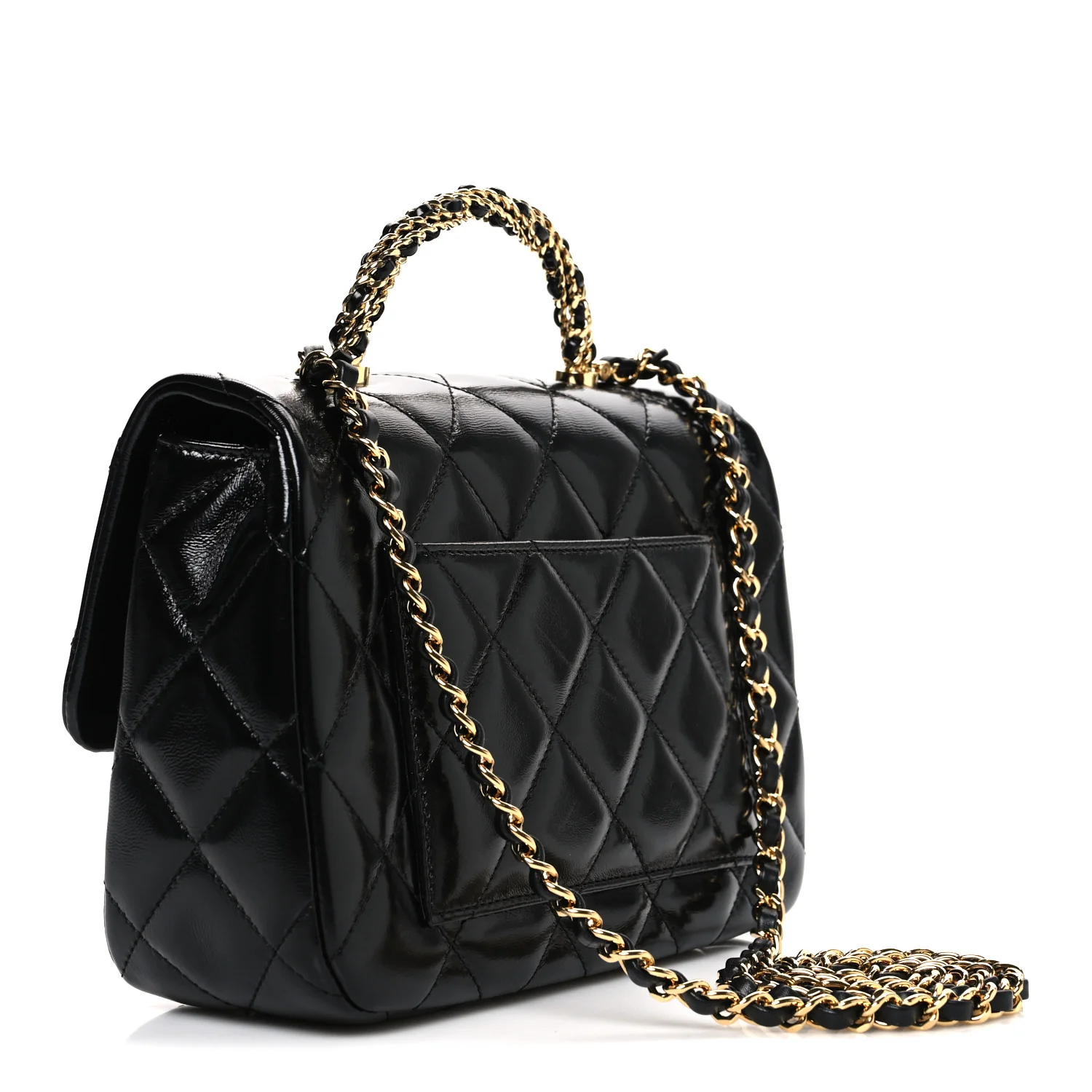 Shiny Lambskin Quilted Twisted Links Top Handle Flap Black - Image 3