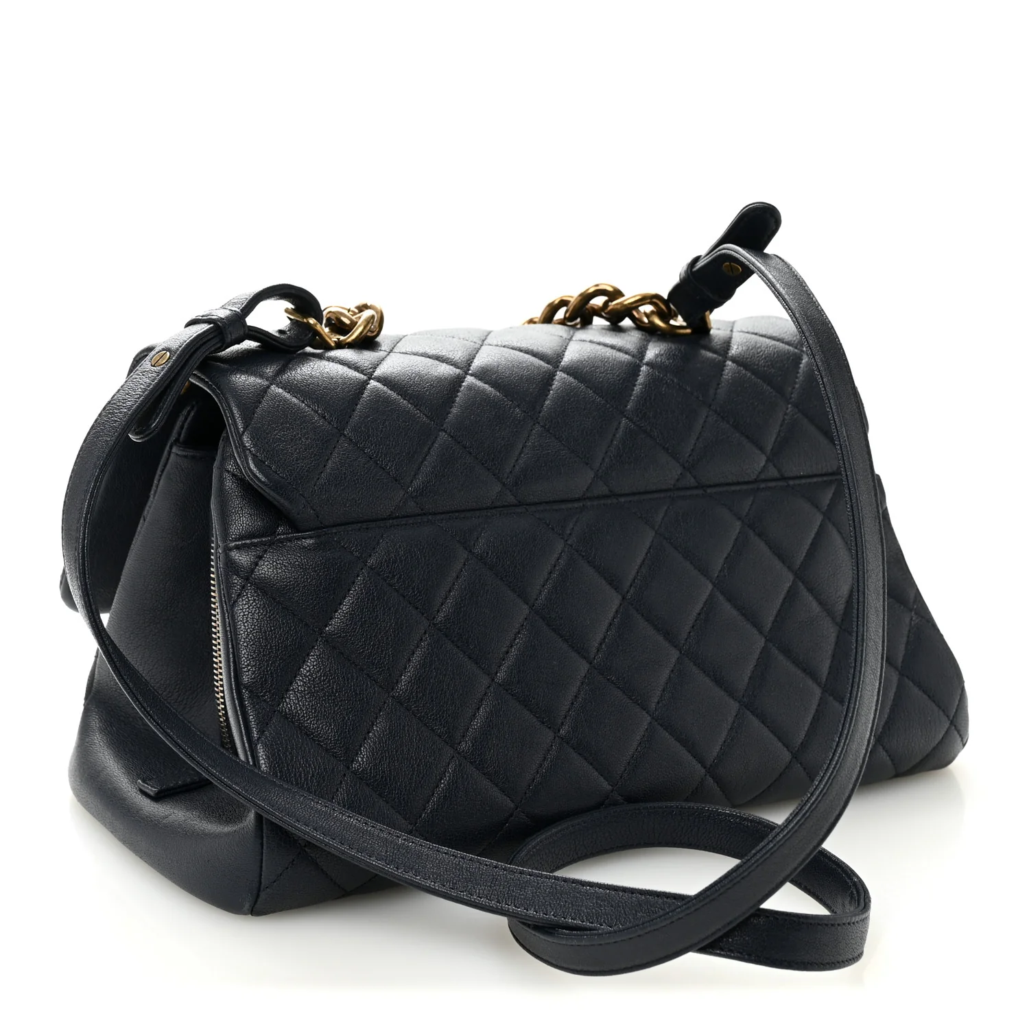 Shiny Sheepskin Quilted Large Trapezio Flap Navy - Image 3