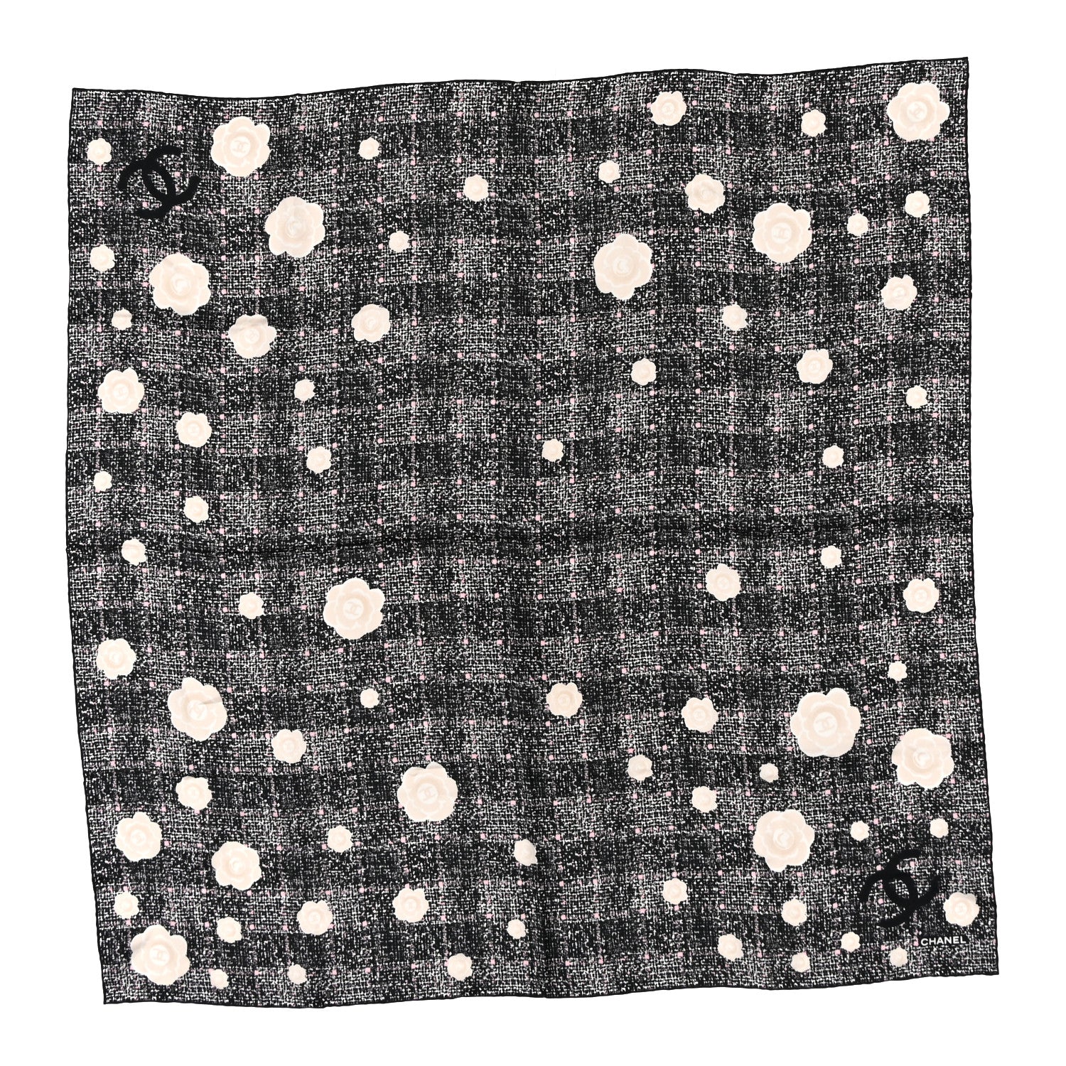 Silk Camellia CC Square Scarf Black White Pink Light Beige