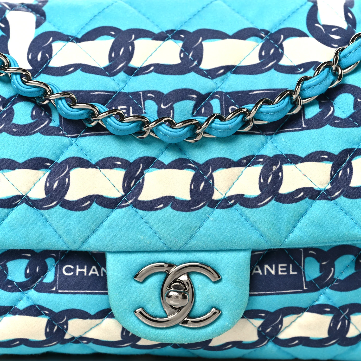 Silk Chain Printed Medium Single Flap Blue - Image 8