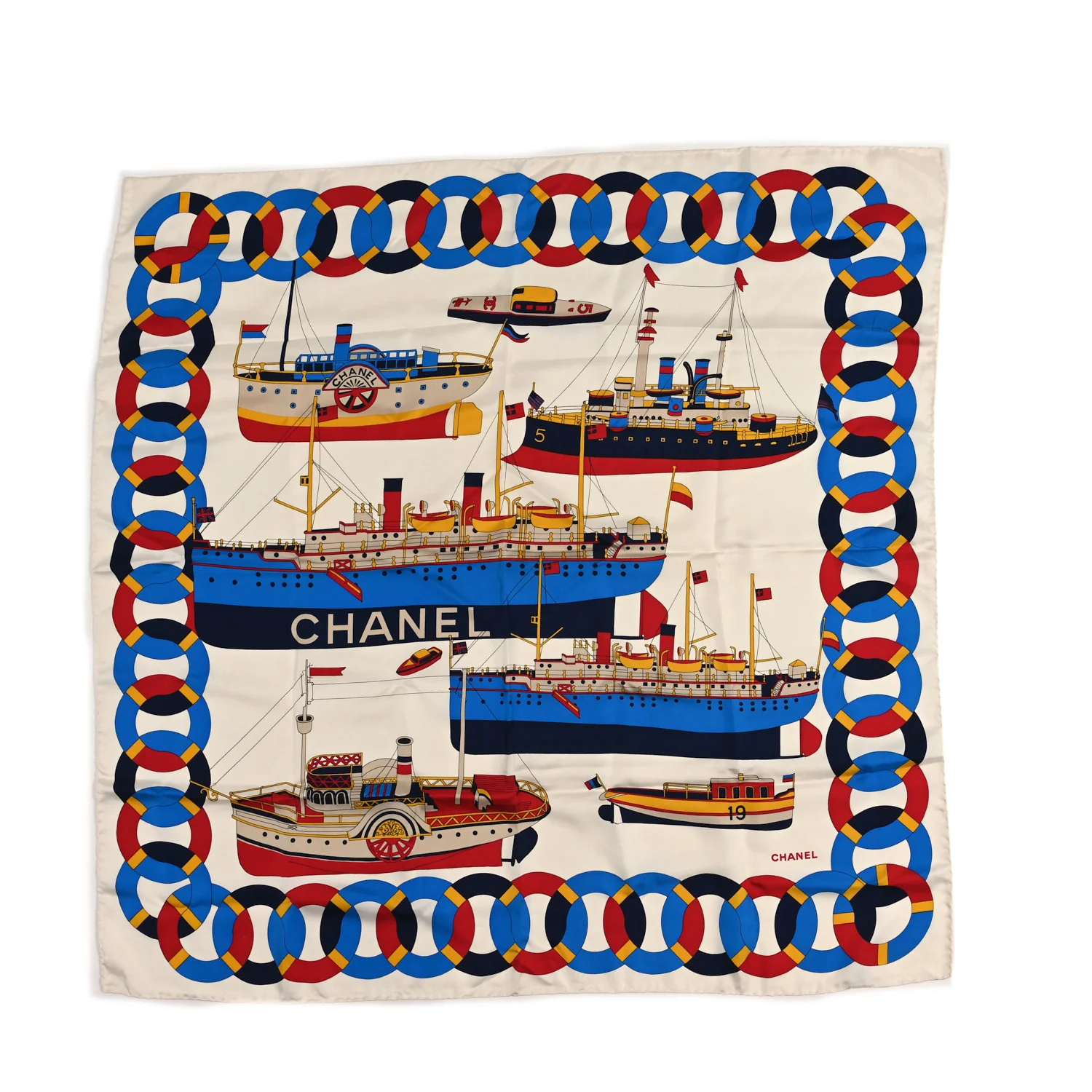 Silk Cruise Print CC Square Scarf Blue Red White