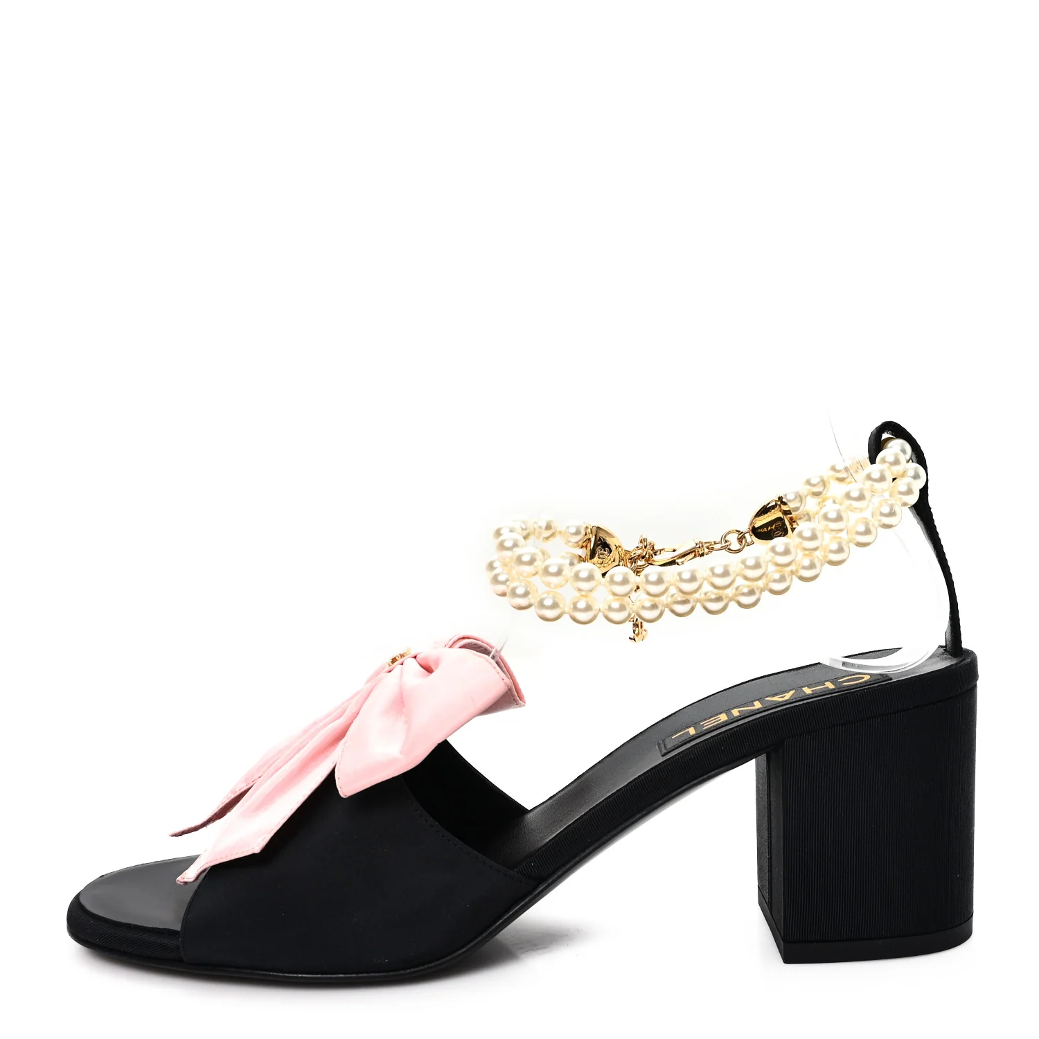 Silk Pearl Bow CC Ankle Strap Sandals 39.5 Pink Black