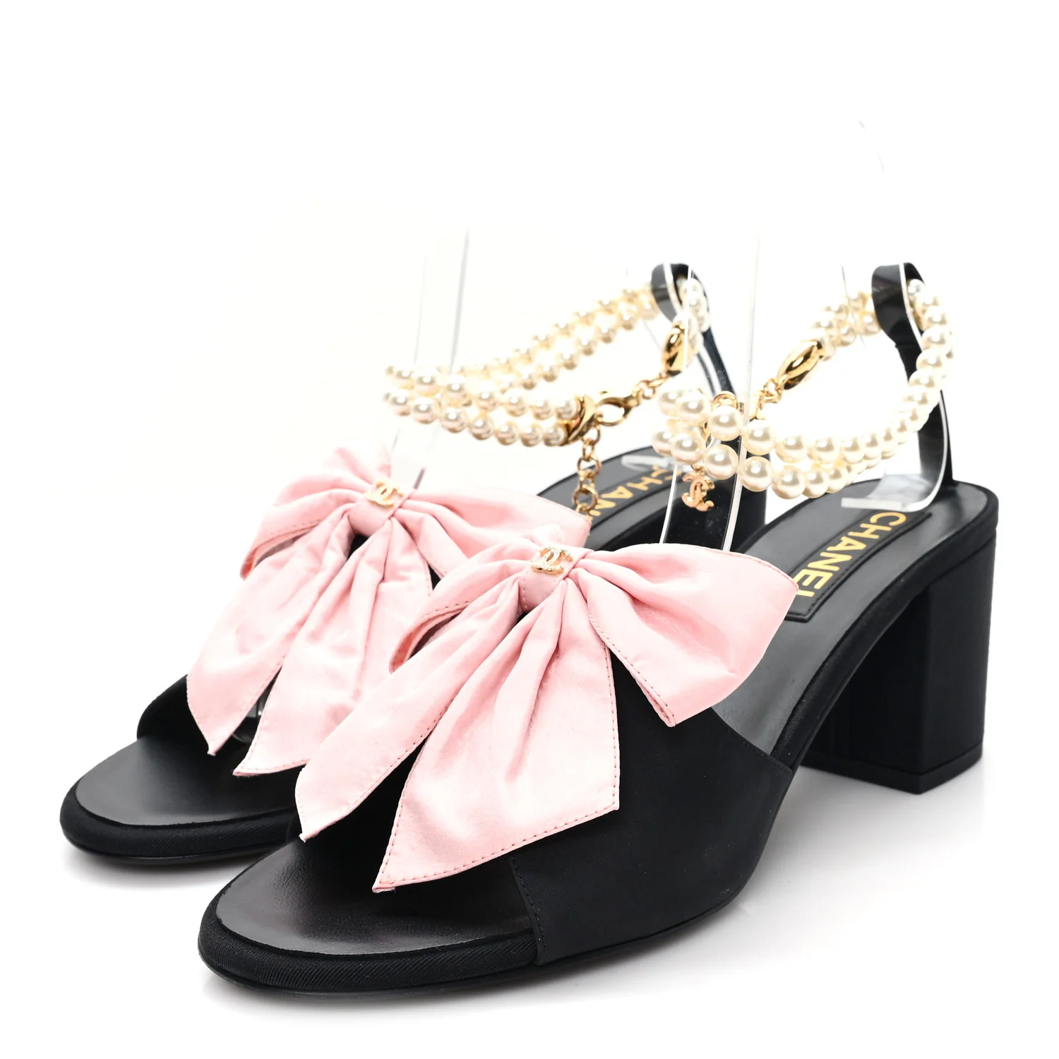 Silk Pearl Bow CC Ankle Strap Sandals 39.5 Pink Black - Image 4