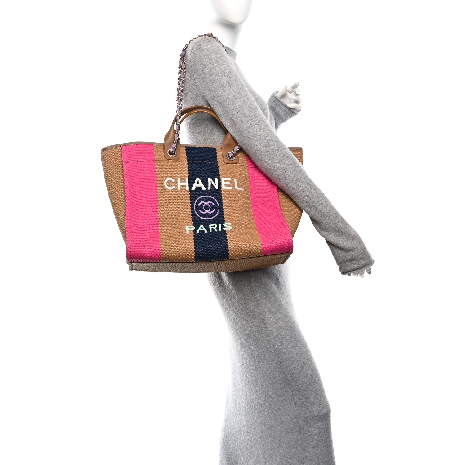 Straw Raffia Calfskin Striped Medium Deauville Tote Dark Beige Fuchsia Navy Blue - Image 2